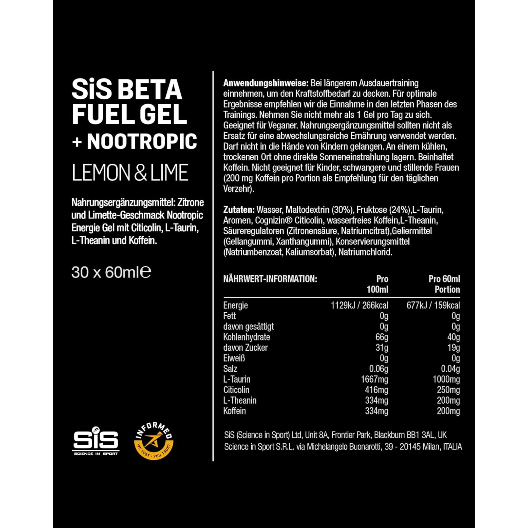 SiS Beta Fuel Gels + Nootropics | Lemon & Lime