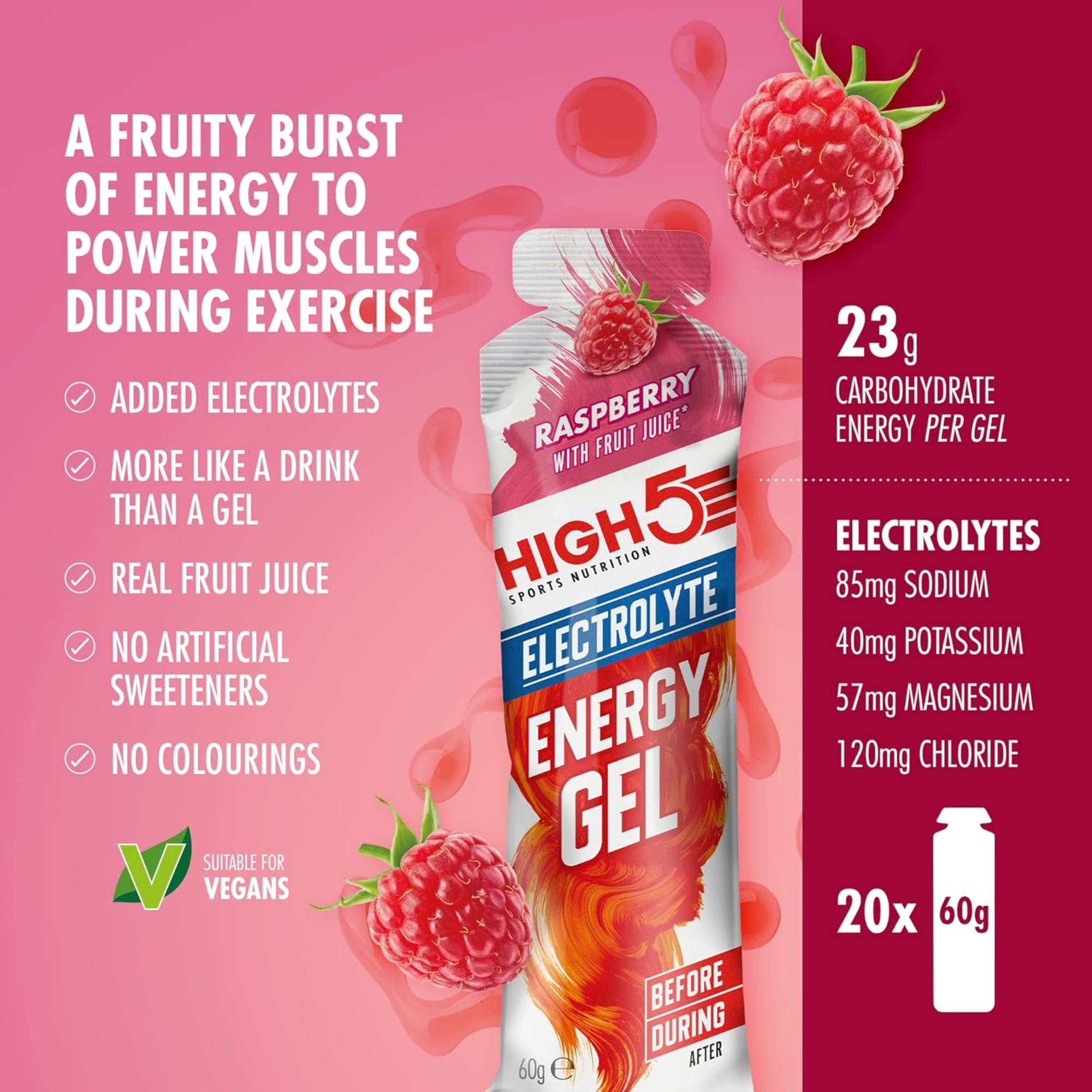 High5 Energy Gel Electrolyte Himbeere | 23 g Kohlenhydrate pro Gel