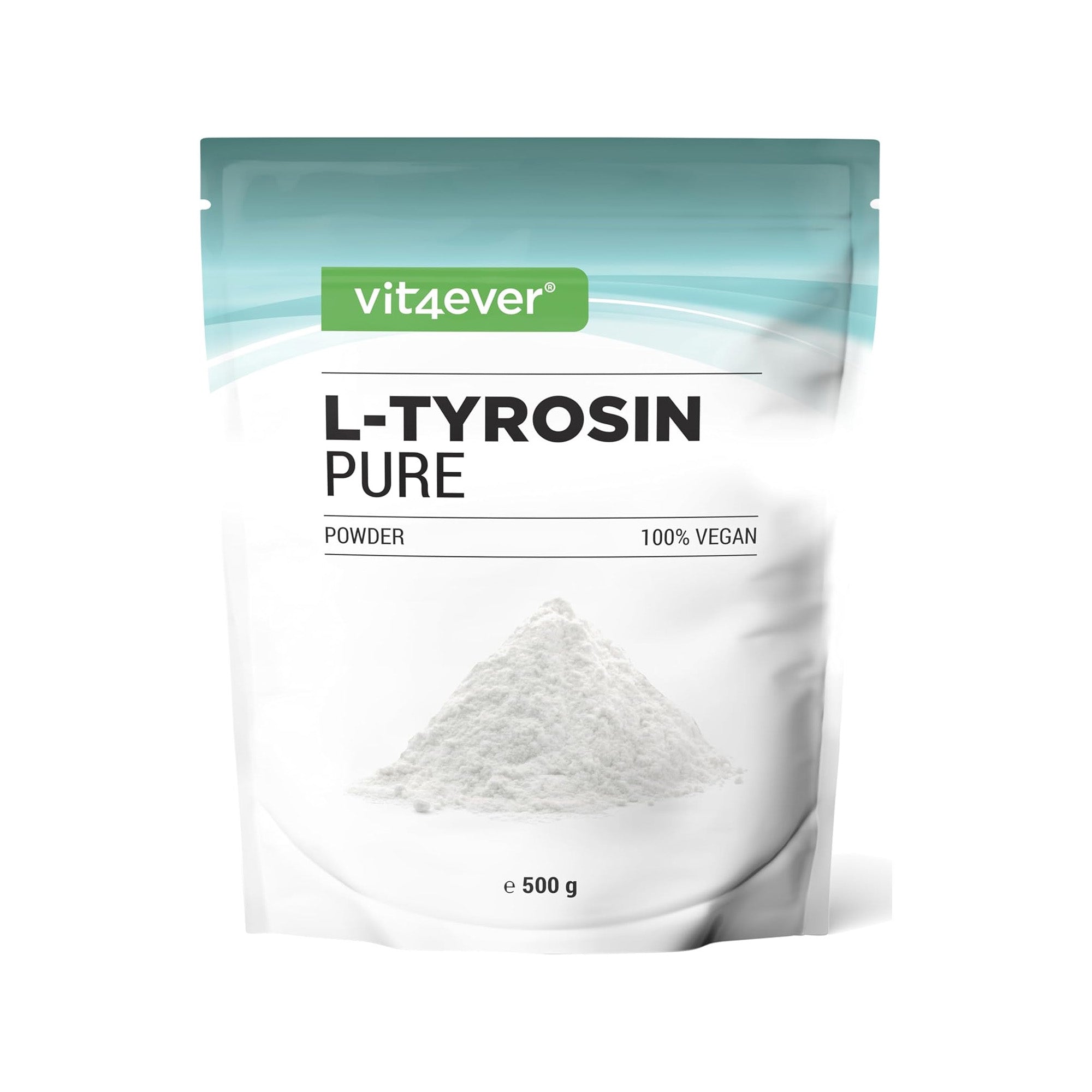 L-Tyrosin Pulver in Verpackung - Nahaufnahme von 500 Gramm reinem Tyrosin Pulver