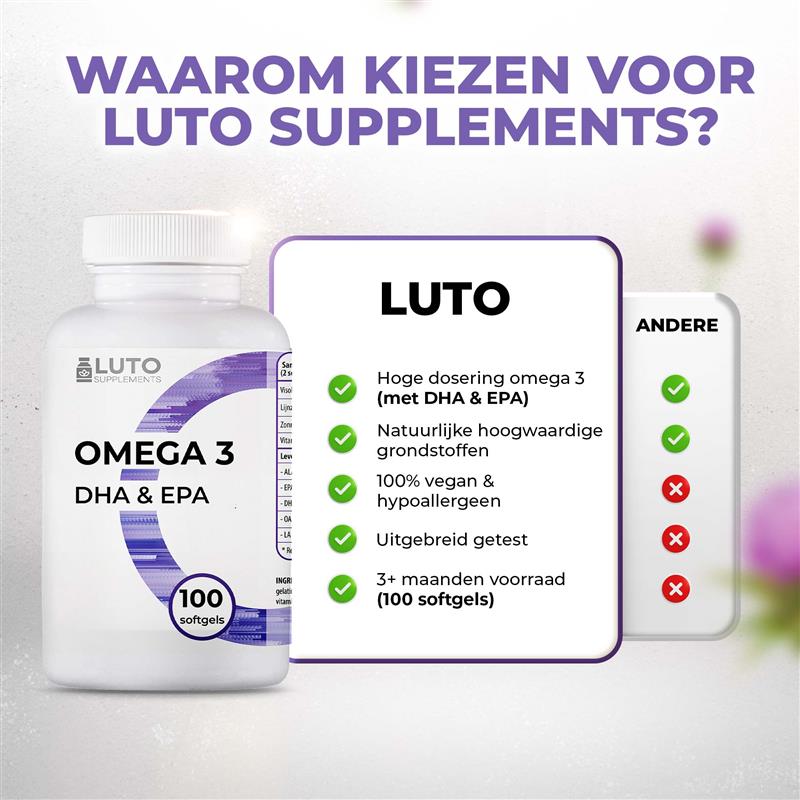 LUTO Omega 3 vergelijking - 100 softgels met DHA, EPA, ALA en LA uit visolie en lijnzaad