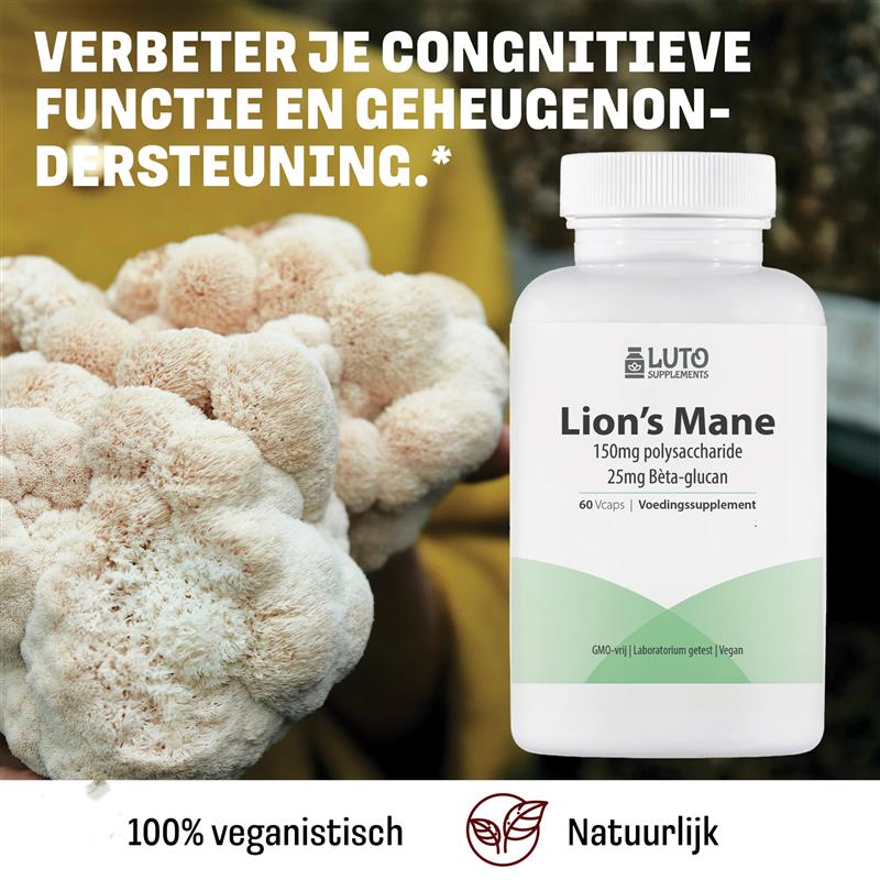 LUTO Lions Mane capsules voor cognitieve gezondheid - plantaardig paddenstoelextract voor dagelijks gebruik