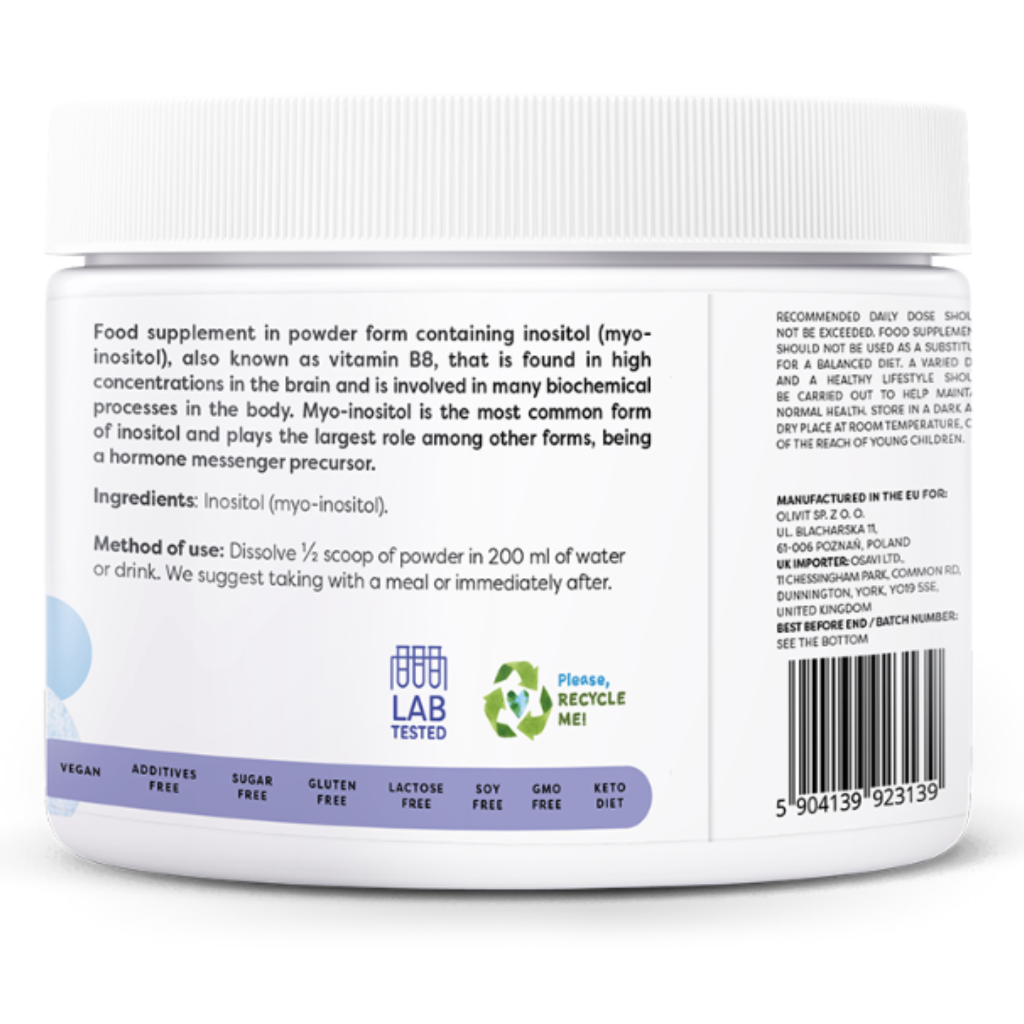 Rückseite Osavi Inositol Pulver – Anwendungshinweis, halber Messlöffel in 200 ml Wasser