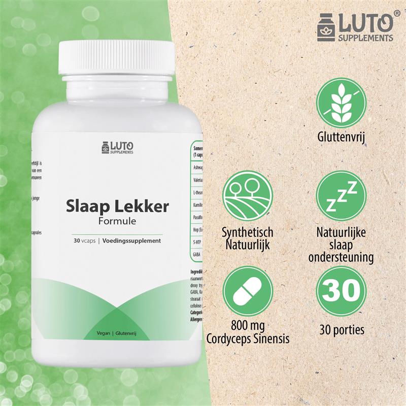 Pure ingrediënten LUTO Slaap Lekker Formule - ashwagandha KSM-66, valeriaan extract, L-theanine en kamille
