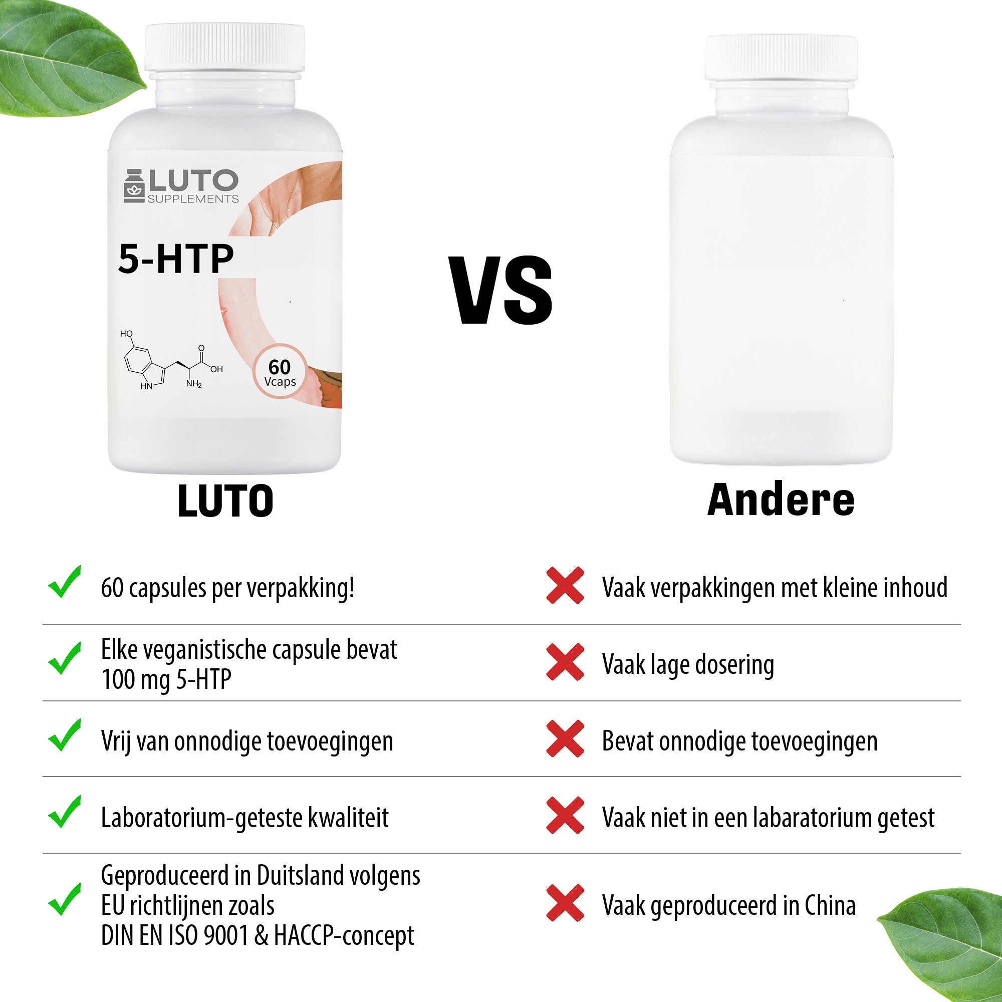 LUTO 5-HTP vergelijking - natuurlijke aminozuren met vitamine B6, vegan, glutenvrij en ISO gecertificeerd