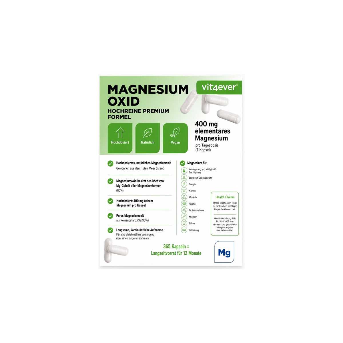 Vit4ever Magnesiumoxid 400 mg 365 Kapseln – Nährwerte und Zutaten auf der Verpackung