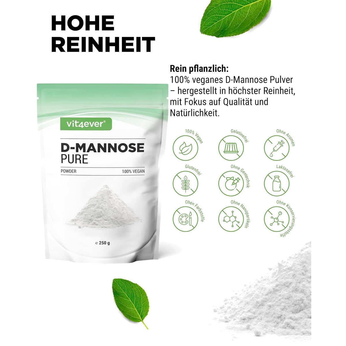 Vit4ever D-Mannose Pulver 250 g – Nährwerte und Zutaten auf der Verpackung