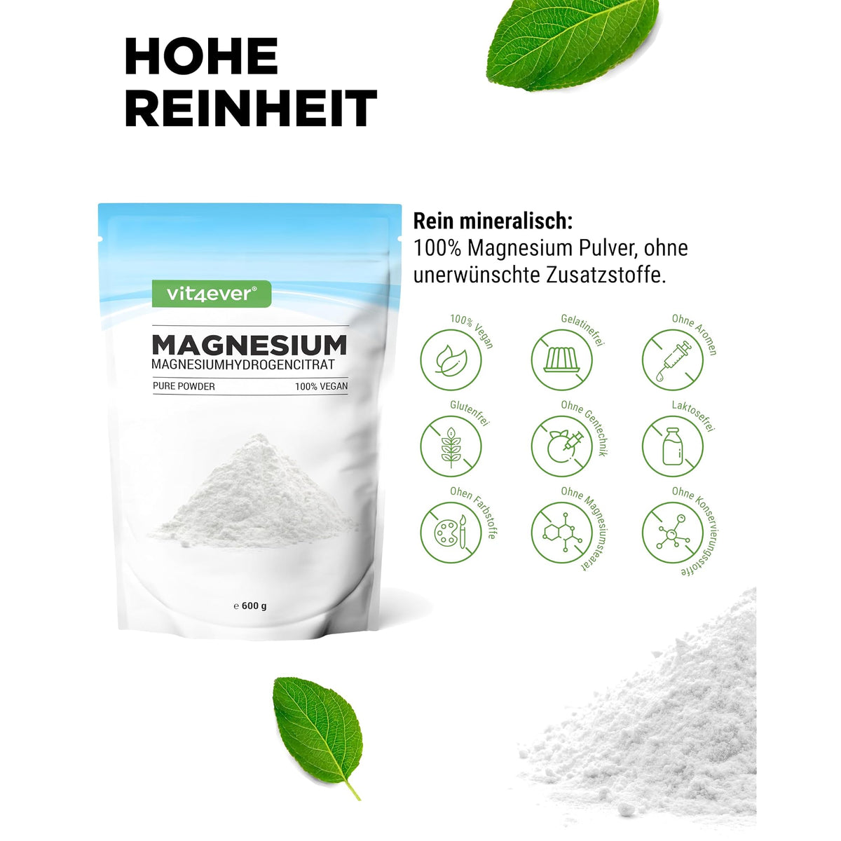 Vit4ever Magnesiumcitrat Pulver 600 g – Nährwerte und Zutaten auf der Verpackung
