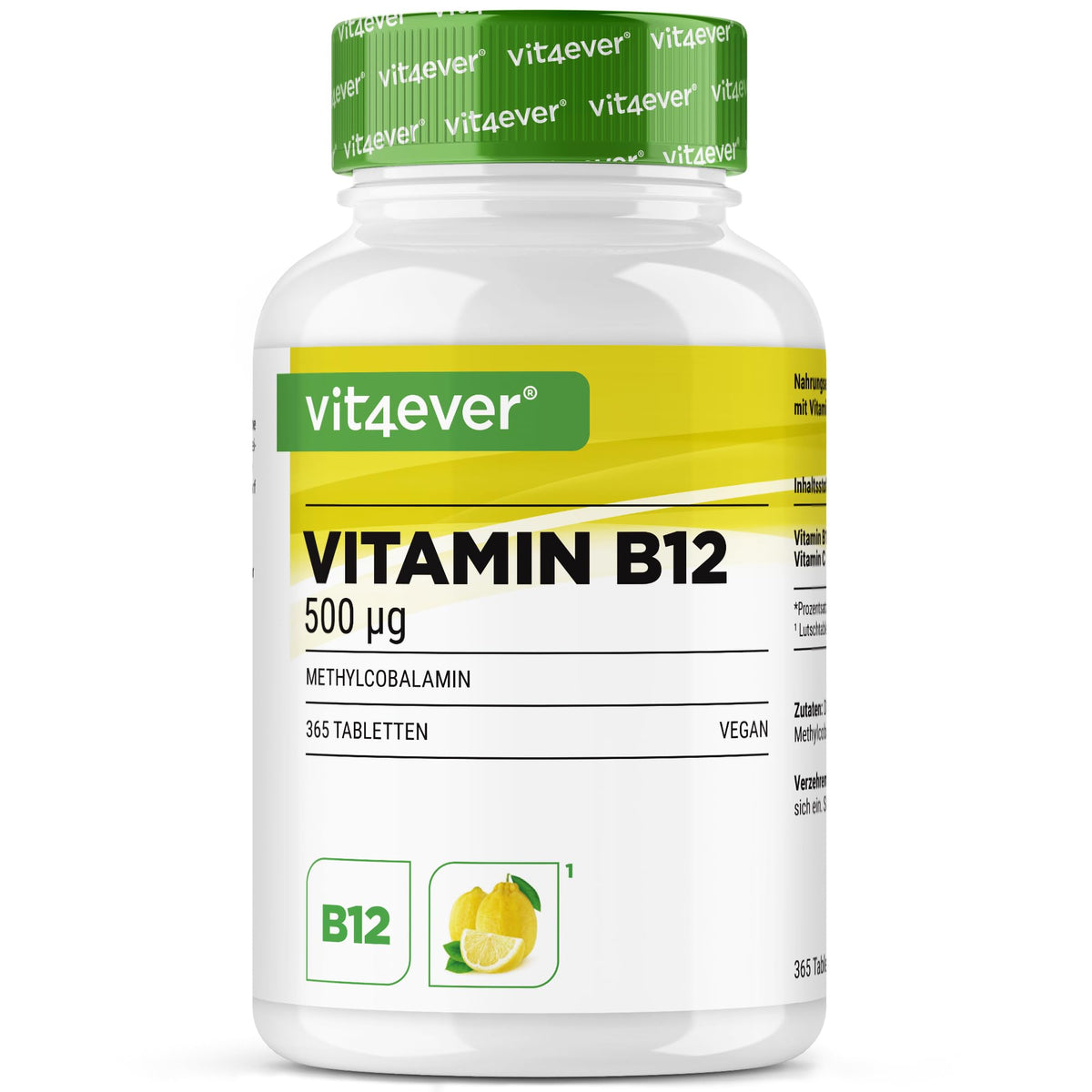 Vit4ever Vitamin B12 500 µg Zitrone (Methylcobalamin) 365 Lutschtabletten – Produktverpackung Vorderseite