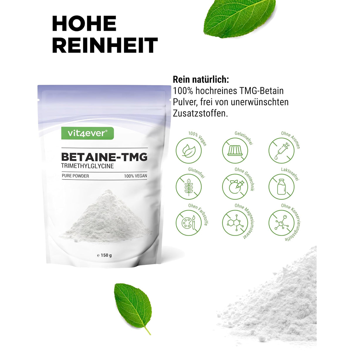 Vit4ever Betain-TMG (Trimethylglycin) Pulver 150 Gramm – Nährwerte und Zutaten auf der Verpackung