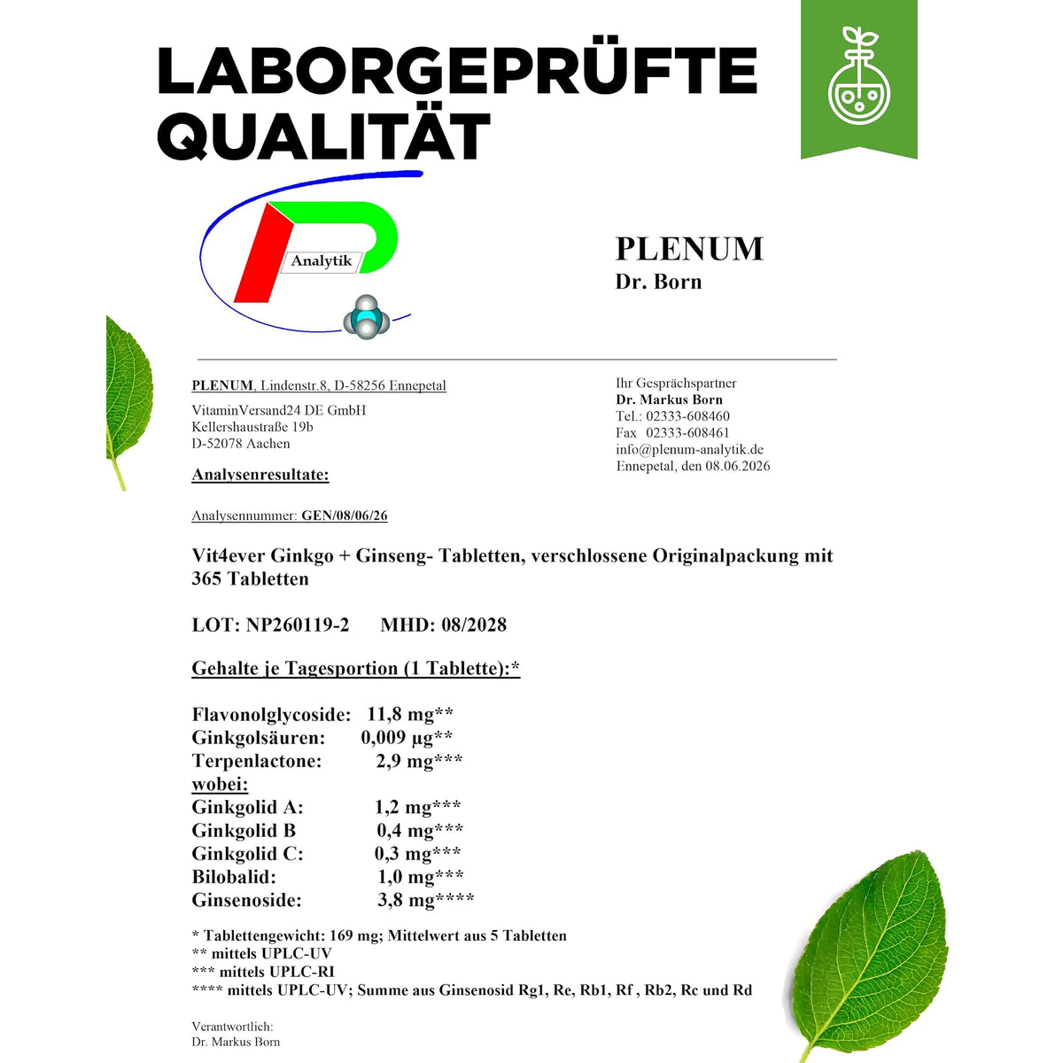 Vit4ever Ginkgo + Ginseng 50:1 Extrakt 365 Tabletten – Produktdetail des Etiketts