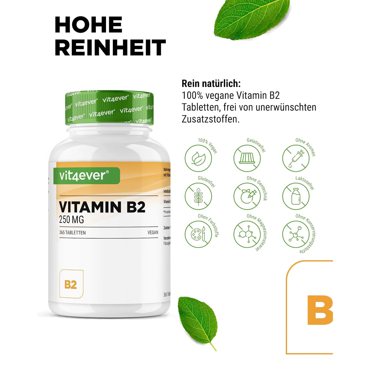 Vit4ever Vitamin B2 (Riboflavin) 250 mg 365 Tabletten – Nährwerte und Zutaten auf der Verpackung