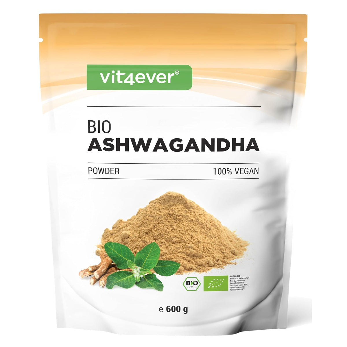 Vit4ever Ashwagandha Pulver Bio 600g – Produktverpackung Vorderseite