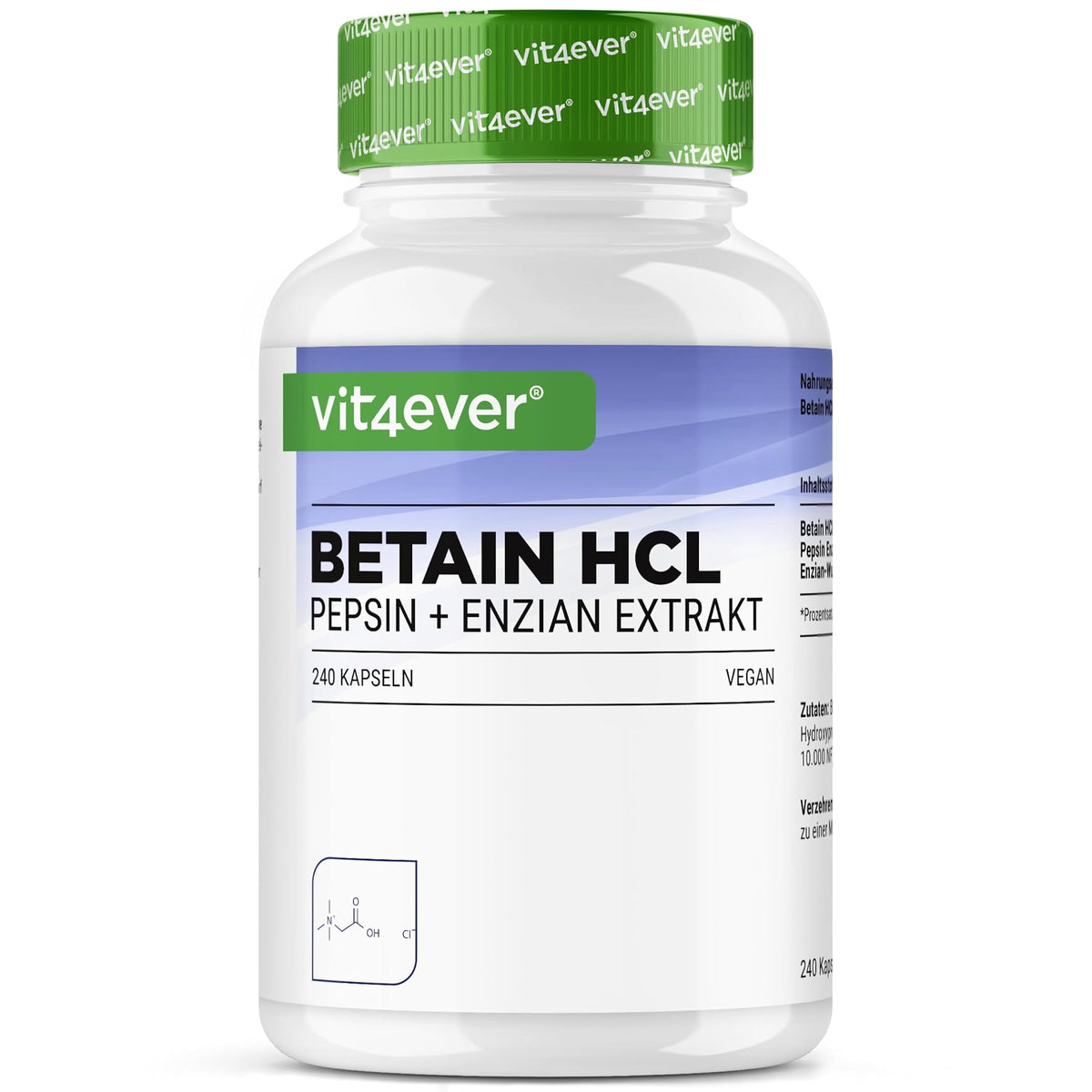 Vit4ever Betain HCL 650mg mit Pepsin & Bitterem Enzian 240 Kapseln – Produktverpackung Vorderseite