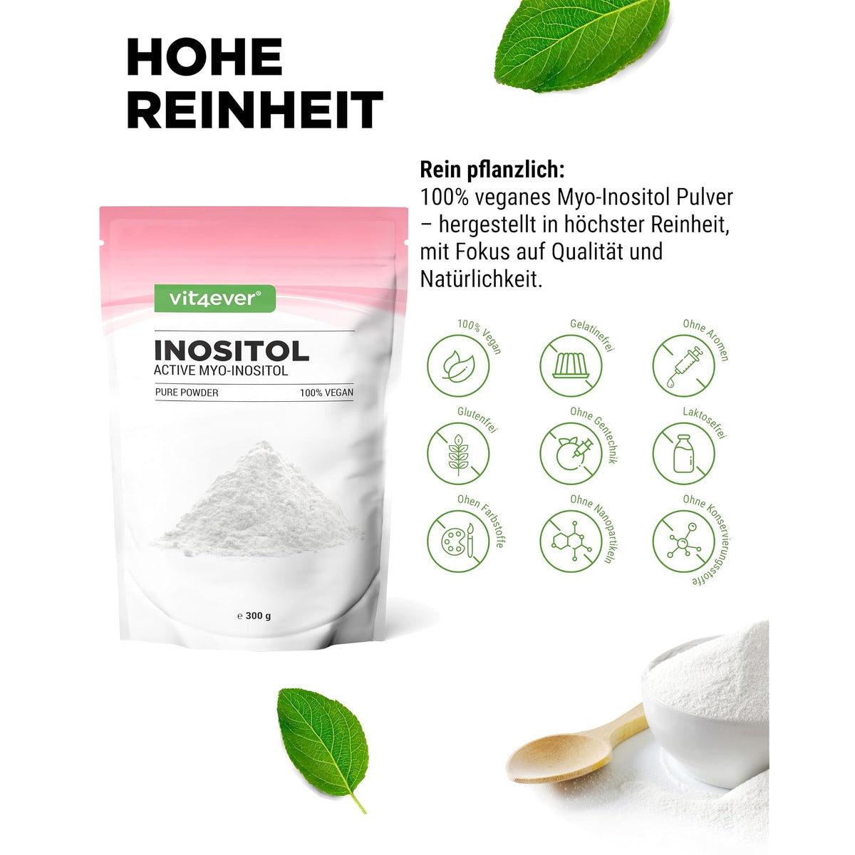 Vit4ever Myo-Inositol Pulver 4000mg 300 g – Nährwerte und Zutaten auf der Verpackung