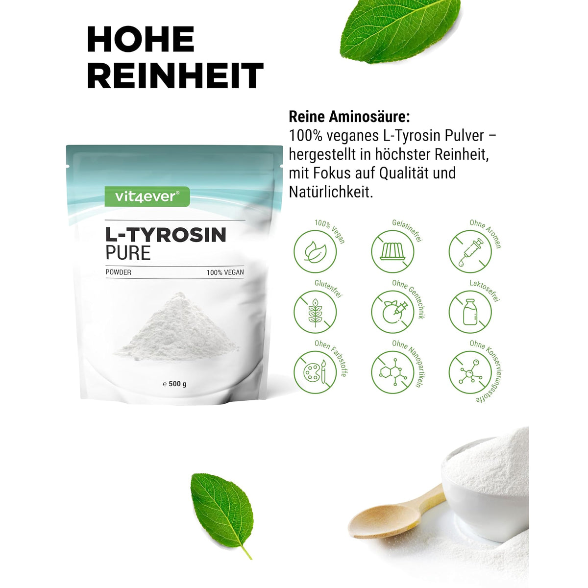 Vit4ever L-Tyrosin Pulver 500 Gramm – Nährwerte und Zutaten auf der Verpackung