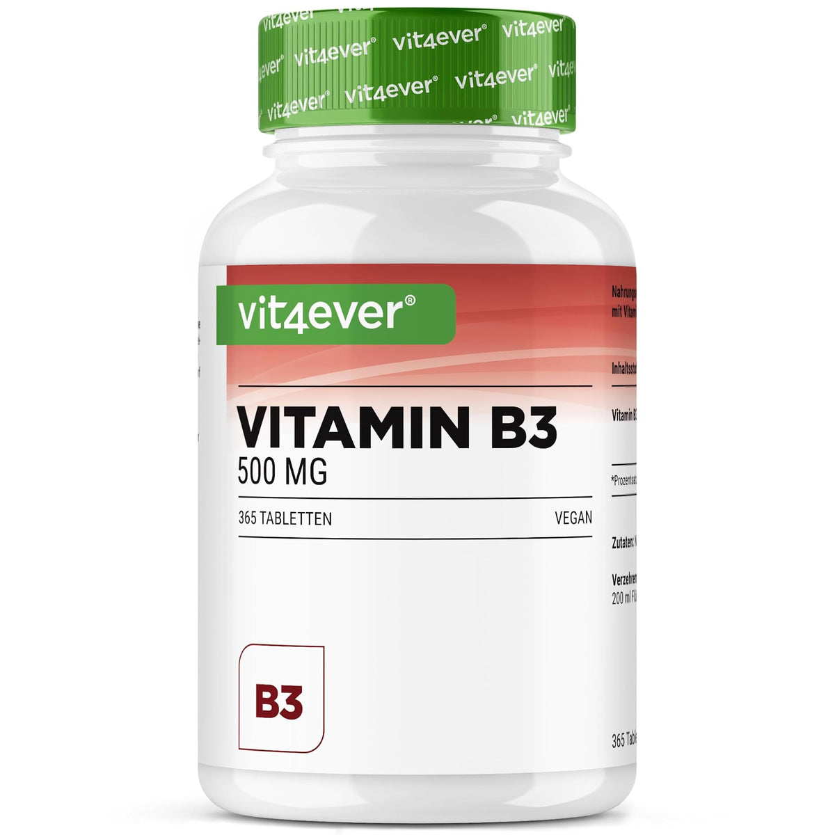 Vit4ever Vitamin B3 (Niacinamid) 500 mg 365 Tabletten – Produktverpackung Vorderseite