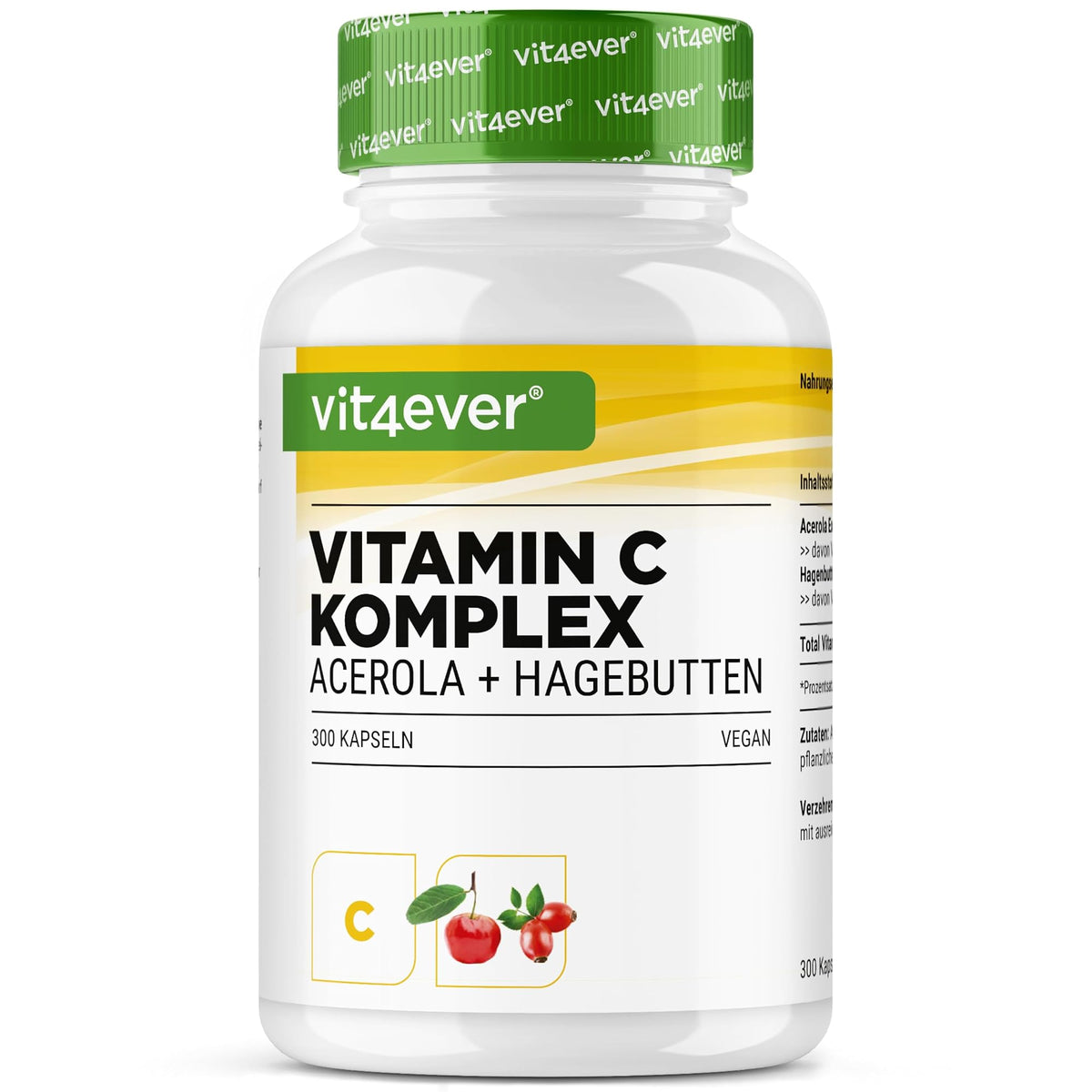 Vit4ever Vitamin C Complex (Acerola + Hagebutte) 300 Kapseln – Produktverpackung Vorderseite