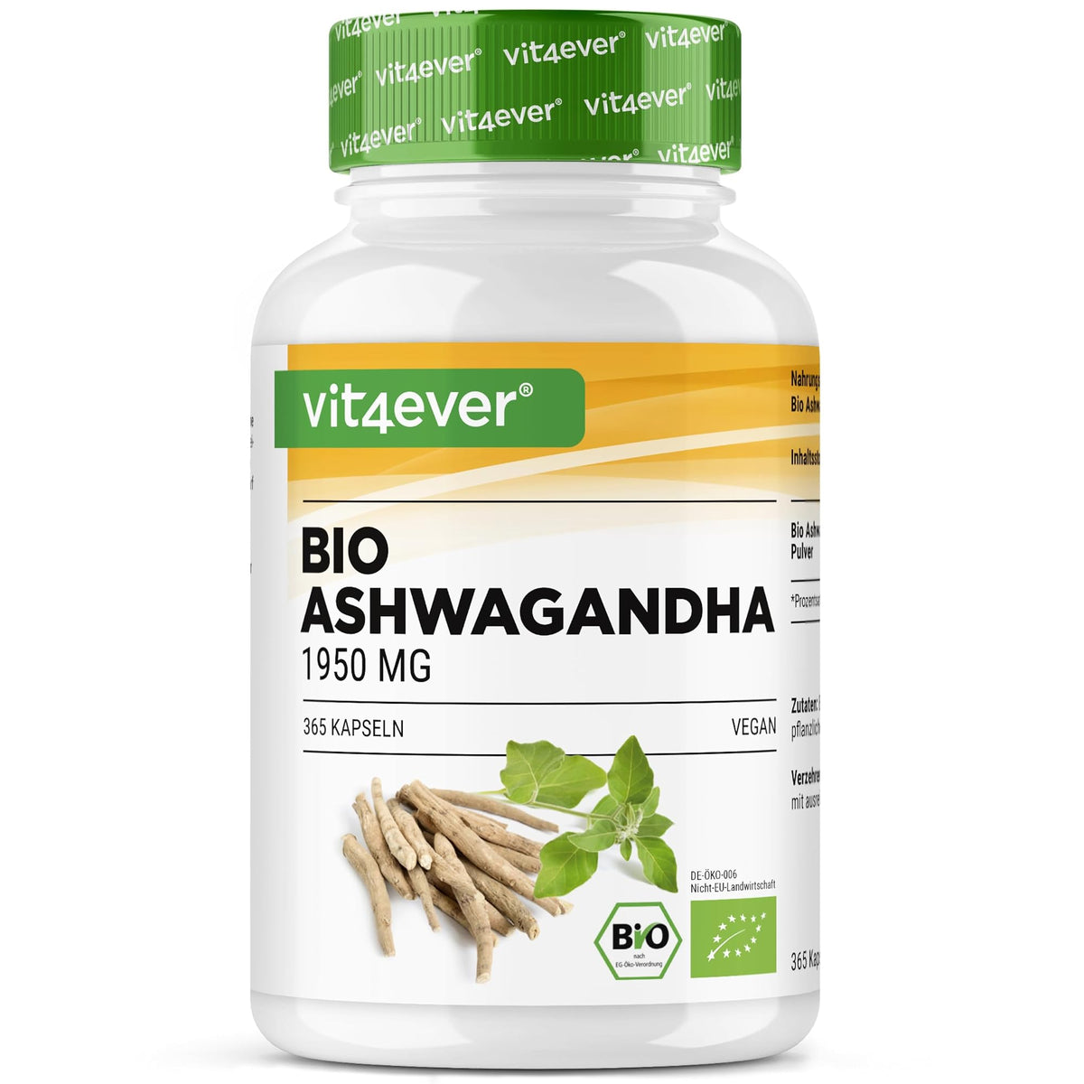 Vit4ever Bio Ashwagandha Wurzelpulver 1950mg 365 Kapseln – Produktverpackung Vorderseite
