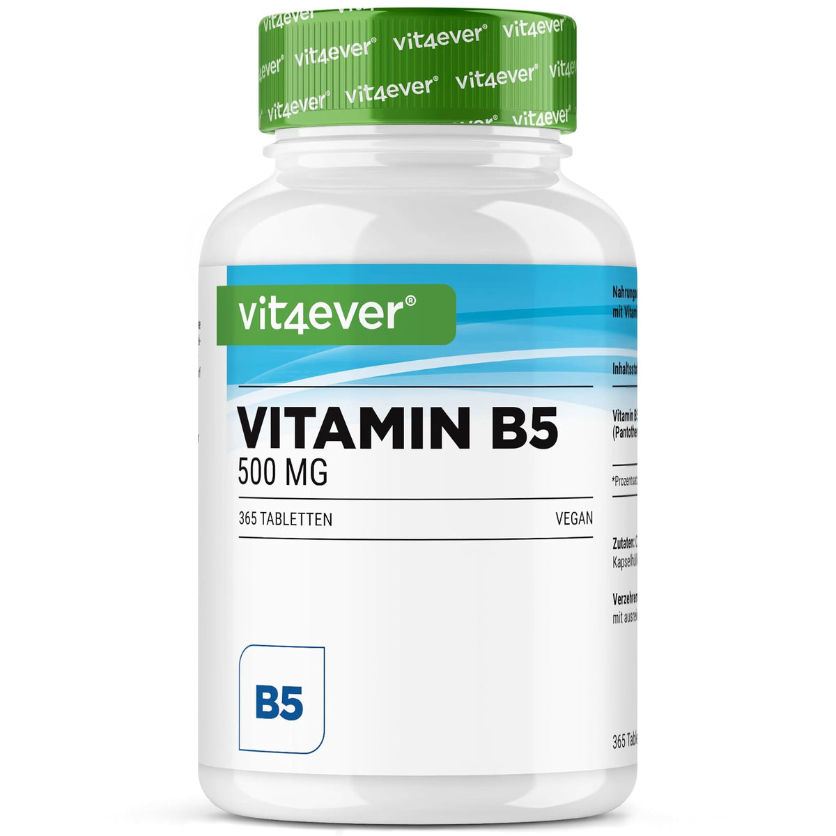 Vit4ever Vitamin B5 (Pantothensäure) 500 mg 365 Tabletten – Produktverpackung Vorderseite