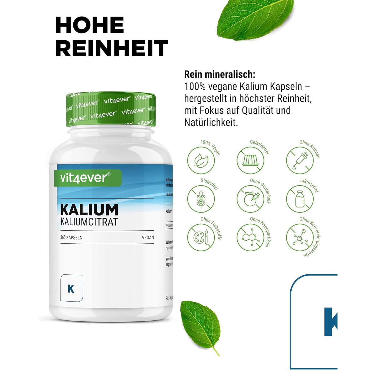 Vit4ever Kaliumcitrat 800 mg 365 Kapseln – Nährwerte und Zutaten auf der Verpackung