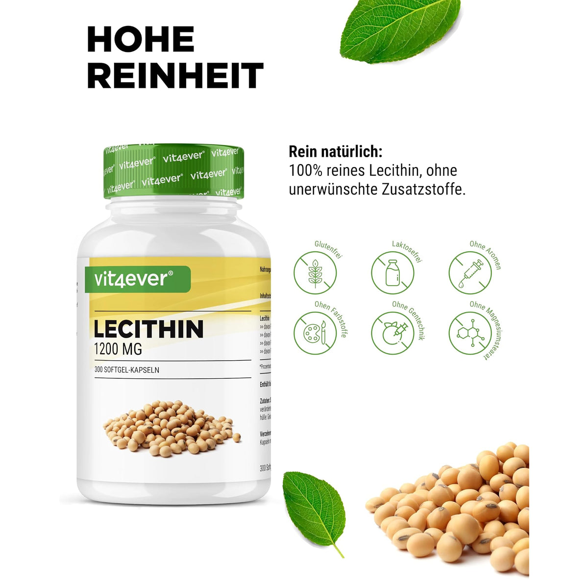 Vit4ever Lecithin 1200 mg 300 Softgels – Nährwerte und Zutaten auf der Verpackung