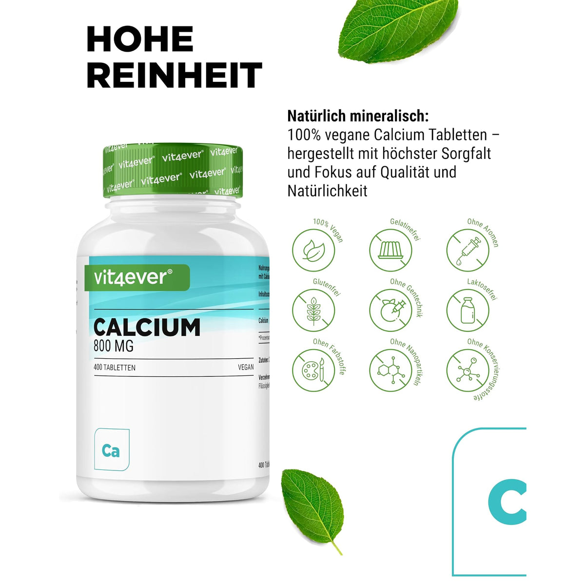 Vit4ever Calcium 800 mg Calciumcarbonat 240 & 365 Tabletten – Nährwerte und Zutaten auf der Verpackung