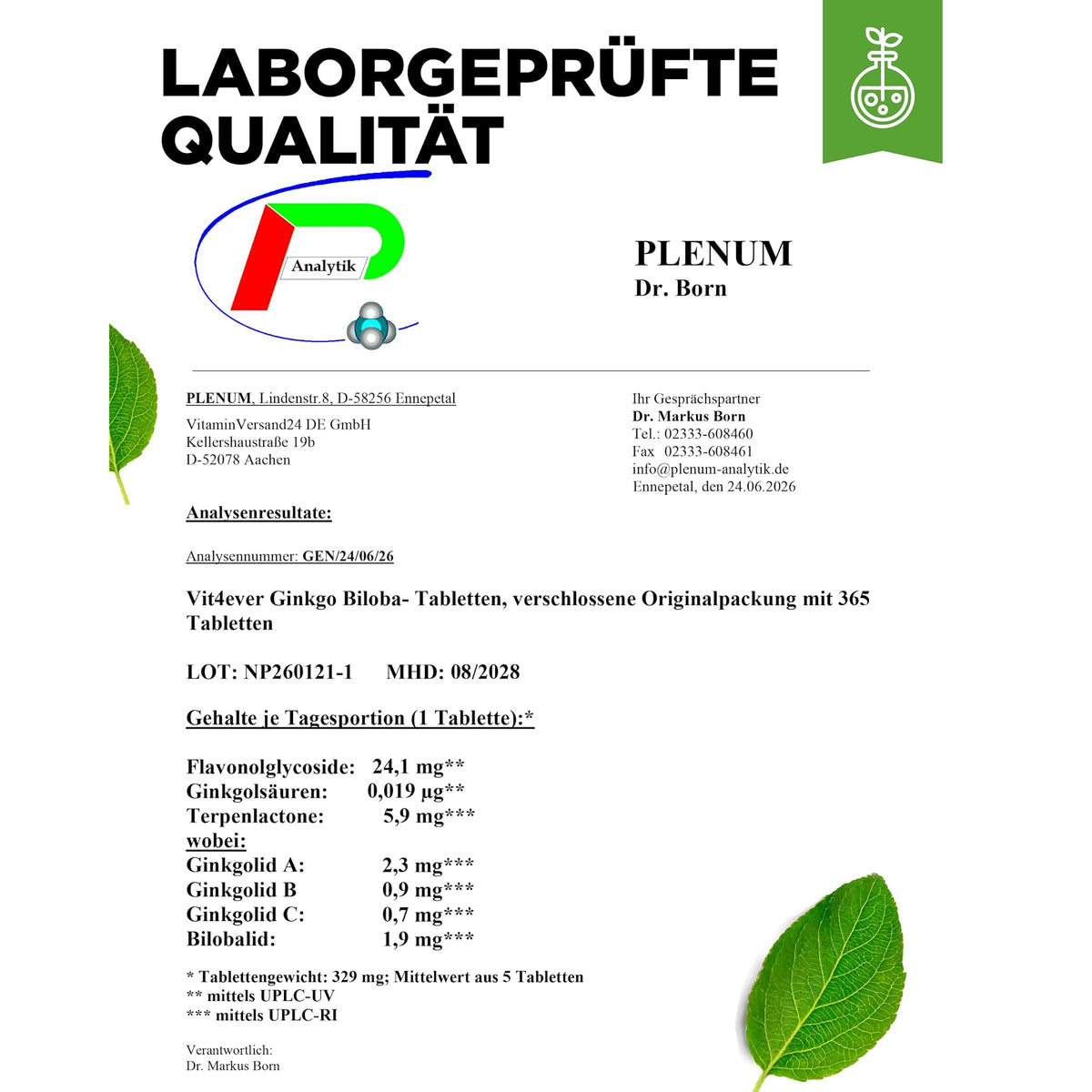 Vit4ever Ginkgo Biloba 50:1 Extrakt 365 Tabletten – Produktdetail des Etiketts