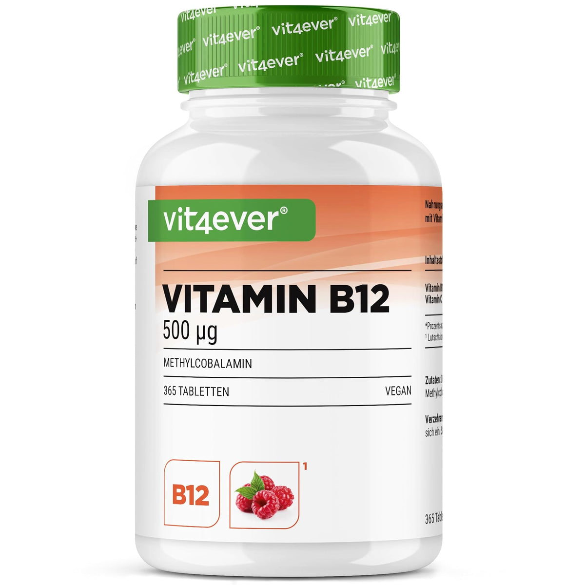 Vit4ever Vitamin B12 500 µg Himbeere (Methylcobalamin) 365 Lutschtabletten – Produktverpackung Vorderseite