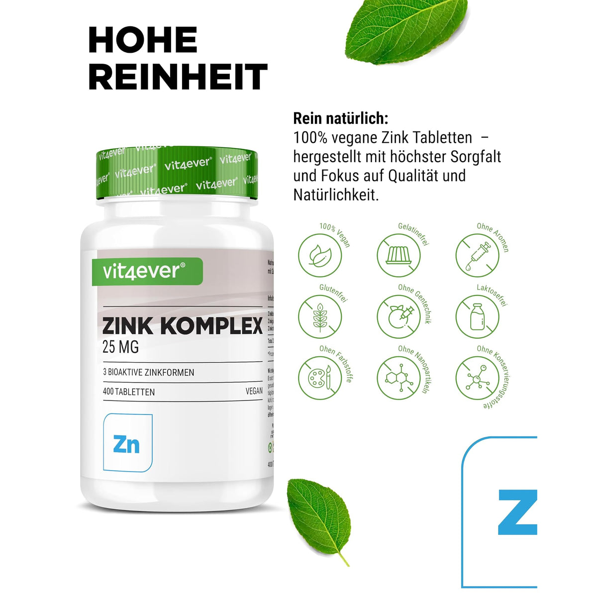 Vit4ever Zink Complex 25 mg (Zinkbisglycinat, Zinkgluconat, Zinkcitrat) 400 Tabletten – Nährwerte und Zutaten auf der Verpackung