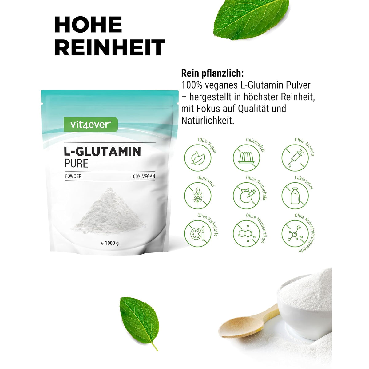 Vit4ever L-Glutamin Pulver 6000mg + B6 1000 Gramm – Nährwerte und Zutaten auf der Verpackung