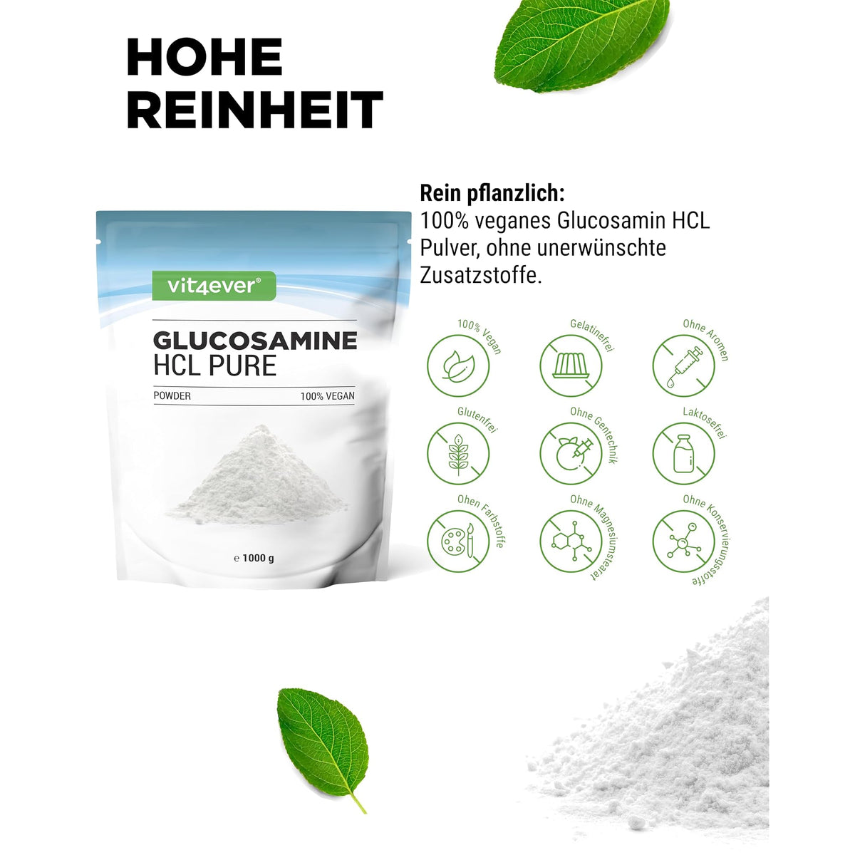 Vit4ever Glucosamin HCL Pulver 1500 mg 1 kg – Nährwerte und Zutaten auf der Verpackung