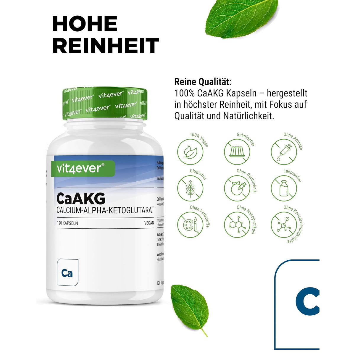 Vit4ever Calcium-Alpha-Ketoglutarat (CaAKG) 120 Kapseln – Nährwerte und Zutaten auf der Verpackung