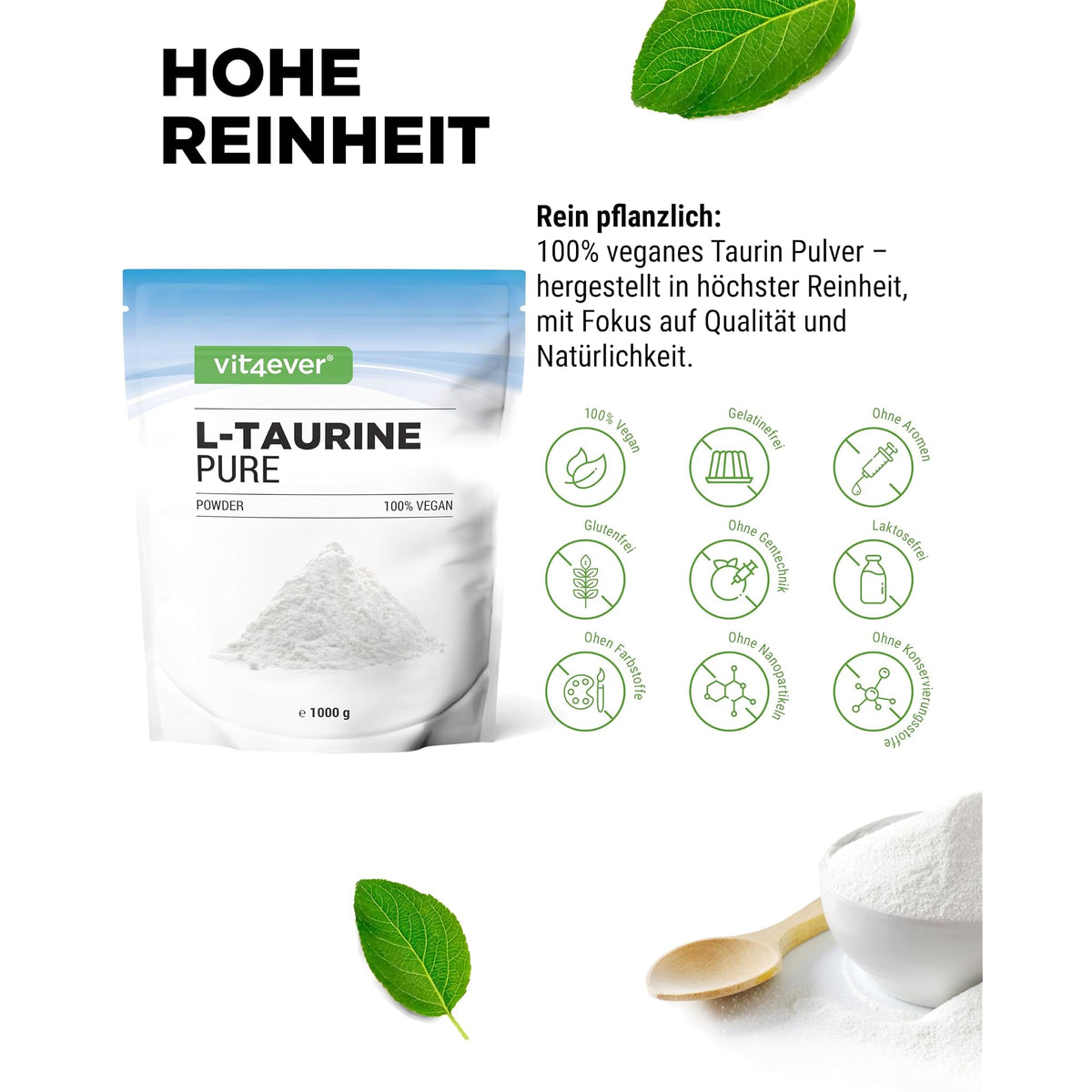 Vit4ever Taurin Pulver 2500mg 1000 g – Nährwerte und Zutaten auf der Verpackung