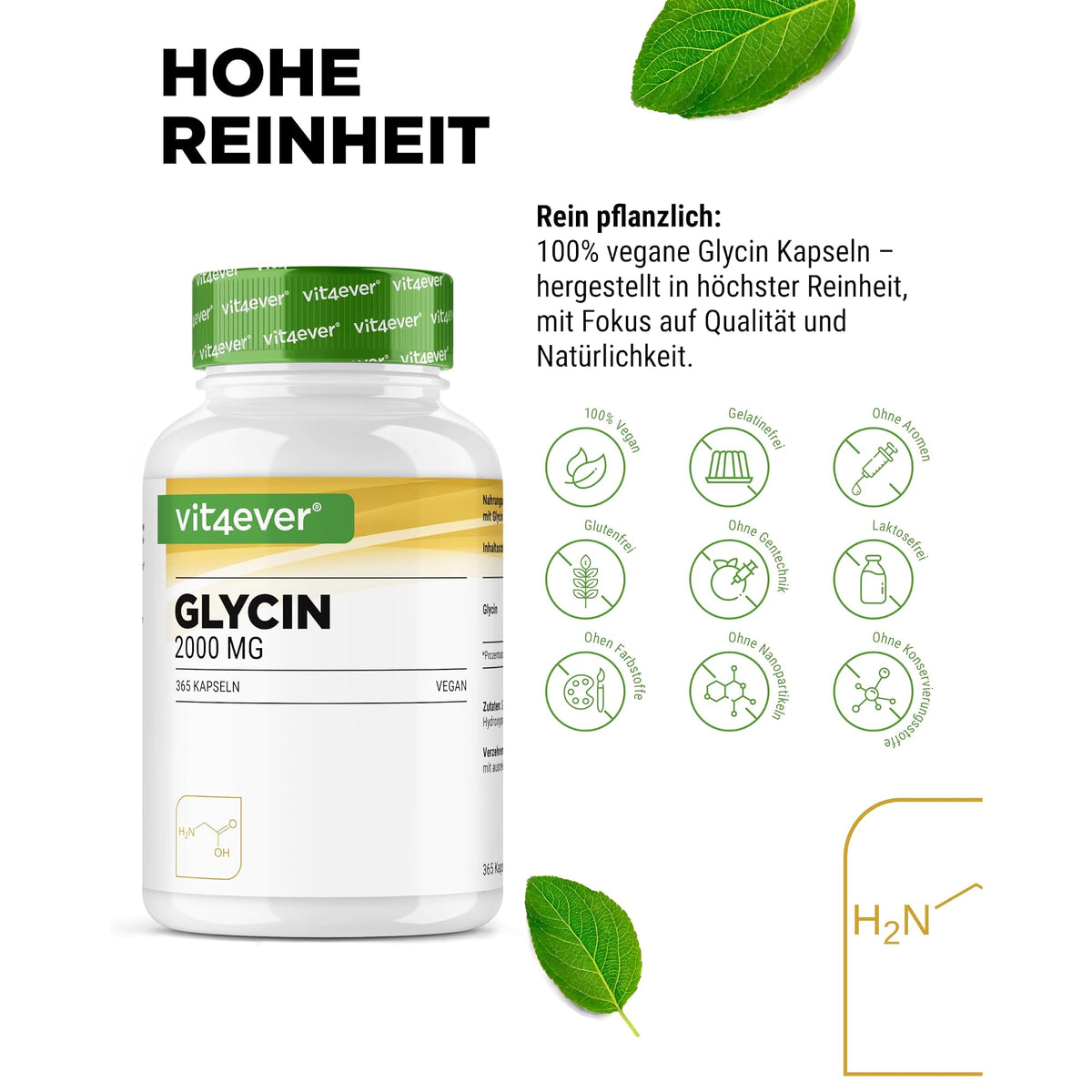 Vit4ever Glycin 2000 mg 365 Kapseln – Nährwerte und Zutaten auf der Verpackung
