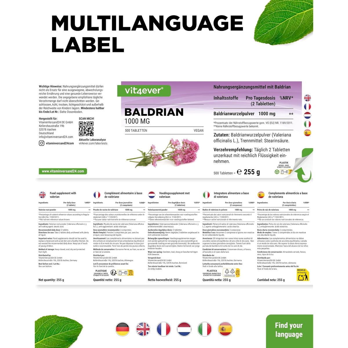 Vit4ever Baldrian 500mg 500 Tabletten – Verpackung Rückseite