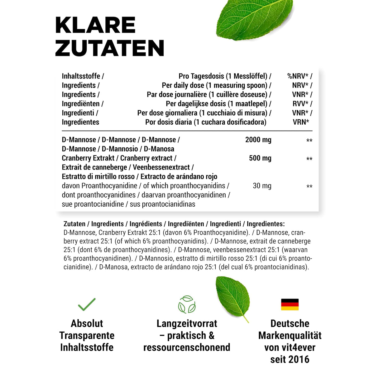Vit4ever D-Mannose + Cranberry Pulver 250 g – empfohlene Anwendung und Einnahme