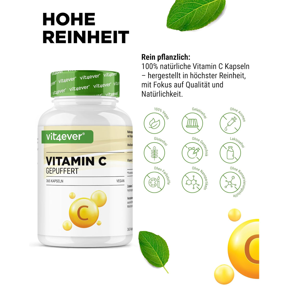 Vit4ever Gepufferte Vitamin C 1000 mg 365 Kapseln – Nährwerte und Zutaten auf der Verpackung