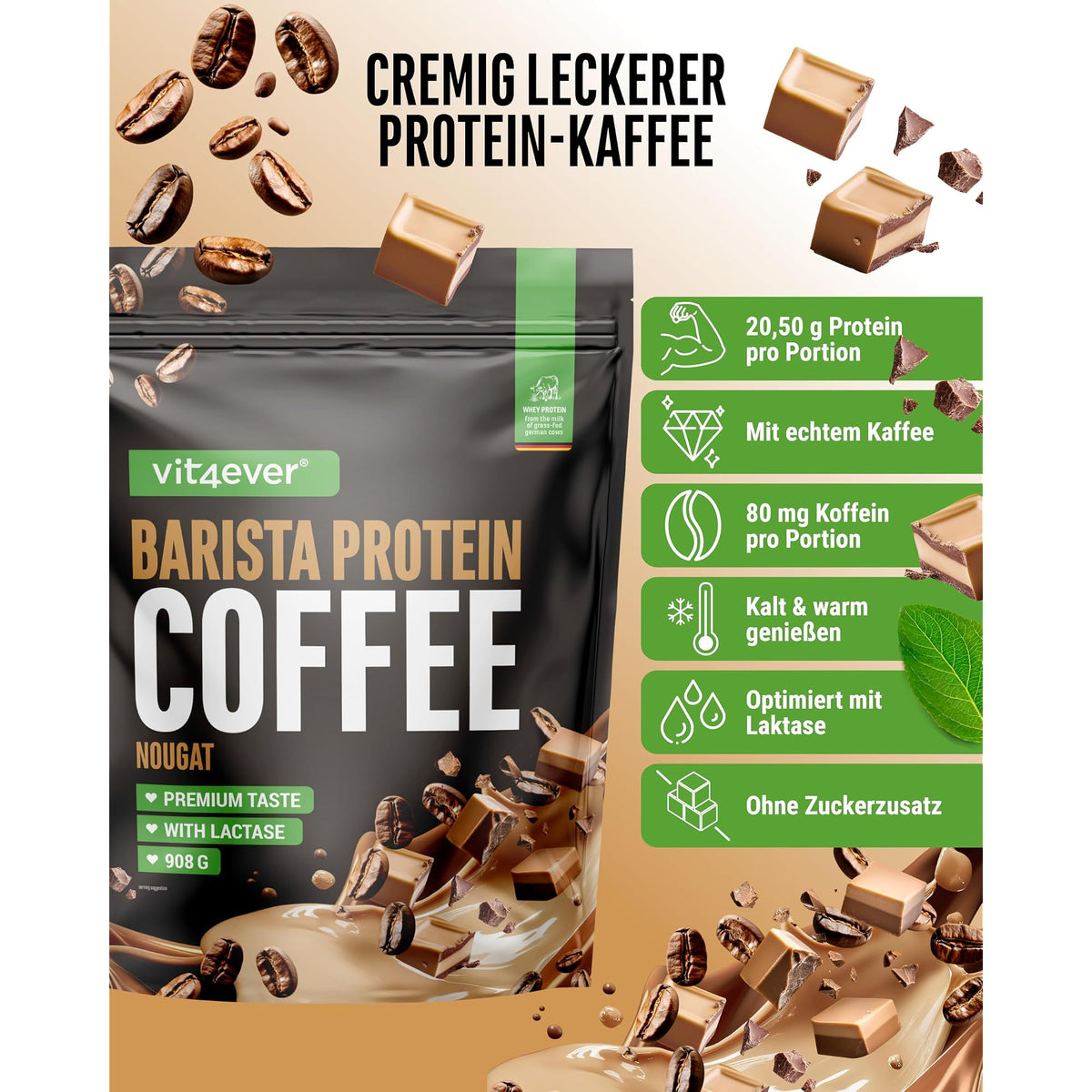 Vit4ever Barista Whey Nougat 908 g – Etikett mit Inhaltsstoffen und Dosierung