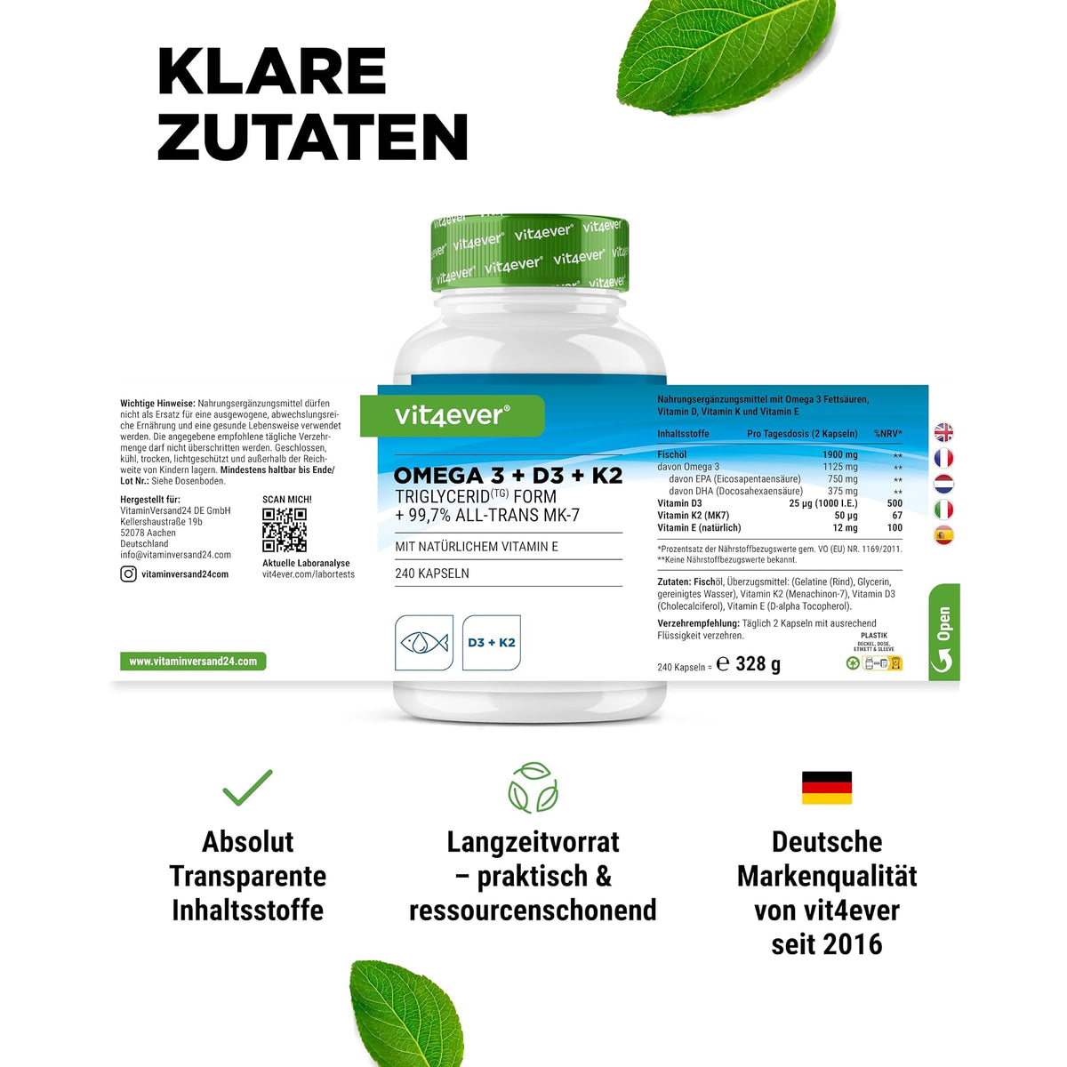 Vit4ever Omega 3 + D3 + K2 Complex 240 Kapseln – empfohlene Anwendung und Einnahme