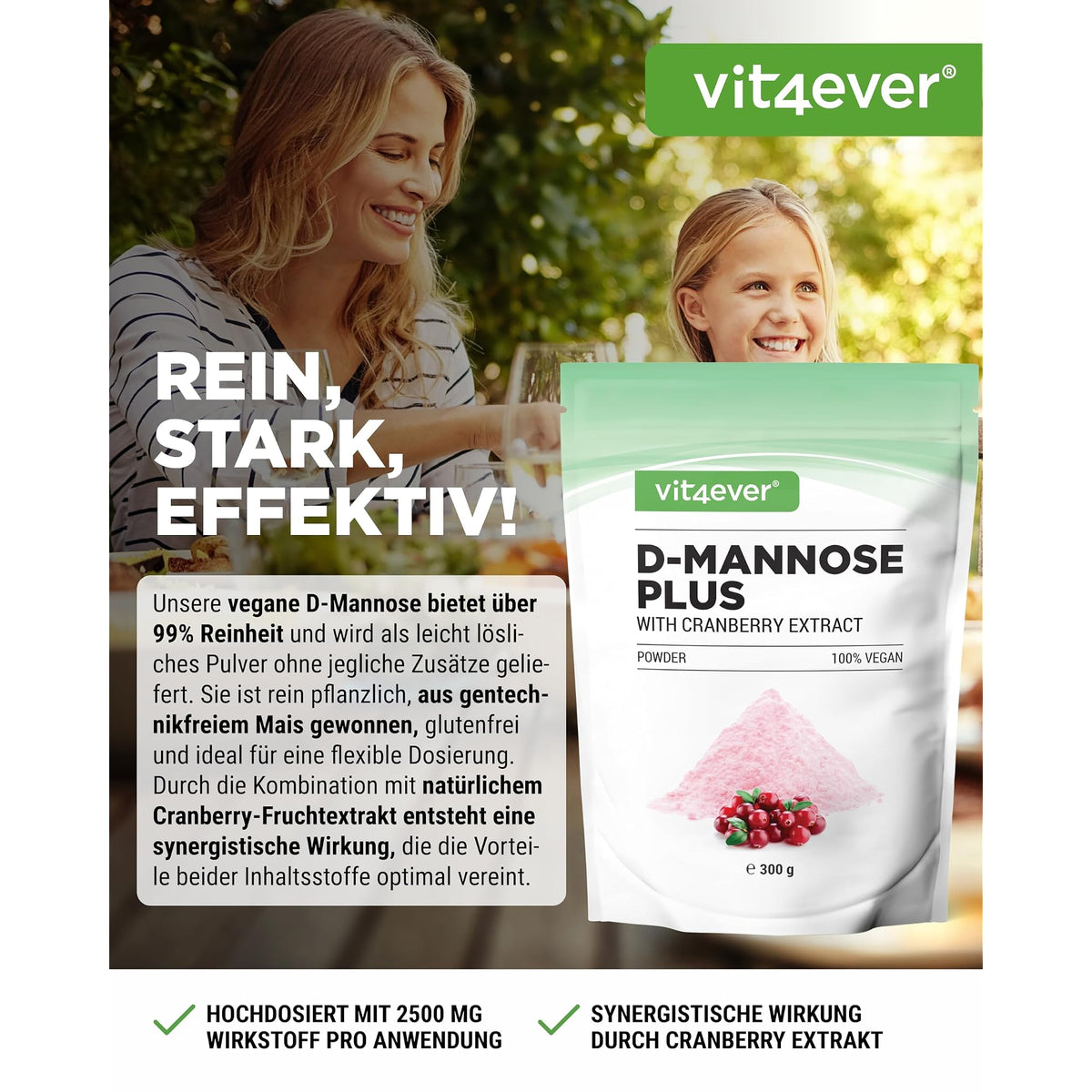 Vit4ever D-Mannose + Cranberry Pulver 250 g – Etikett mit Inhaltsstoffen und Dosierung