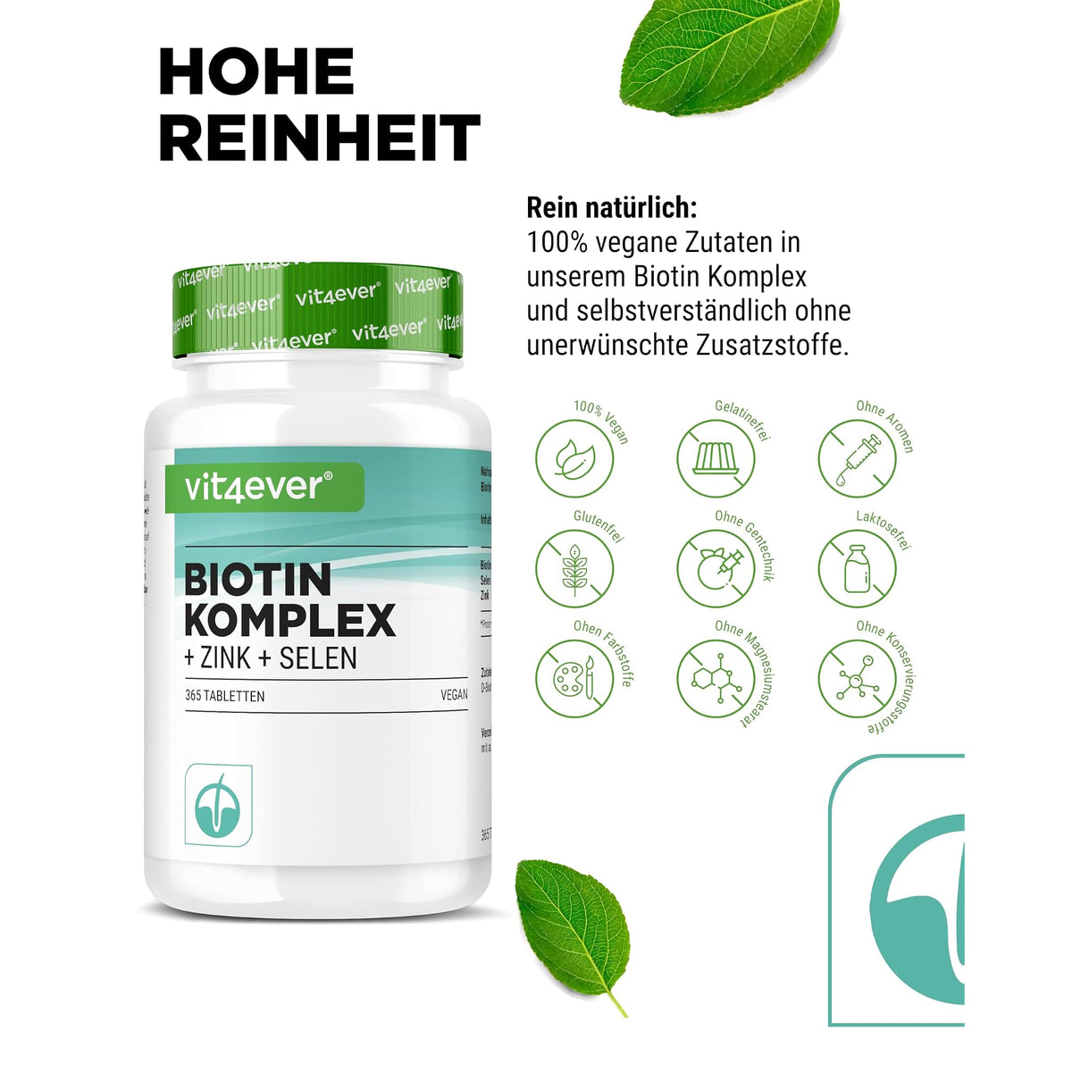Vit4ever Biotin 10.000 µg mit Selen & Zink 365 Tabletten – Nährwerte und Zutaten auf der Verpackung