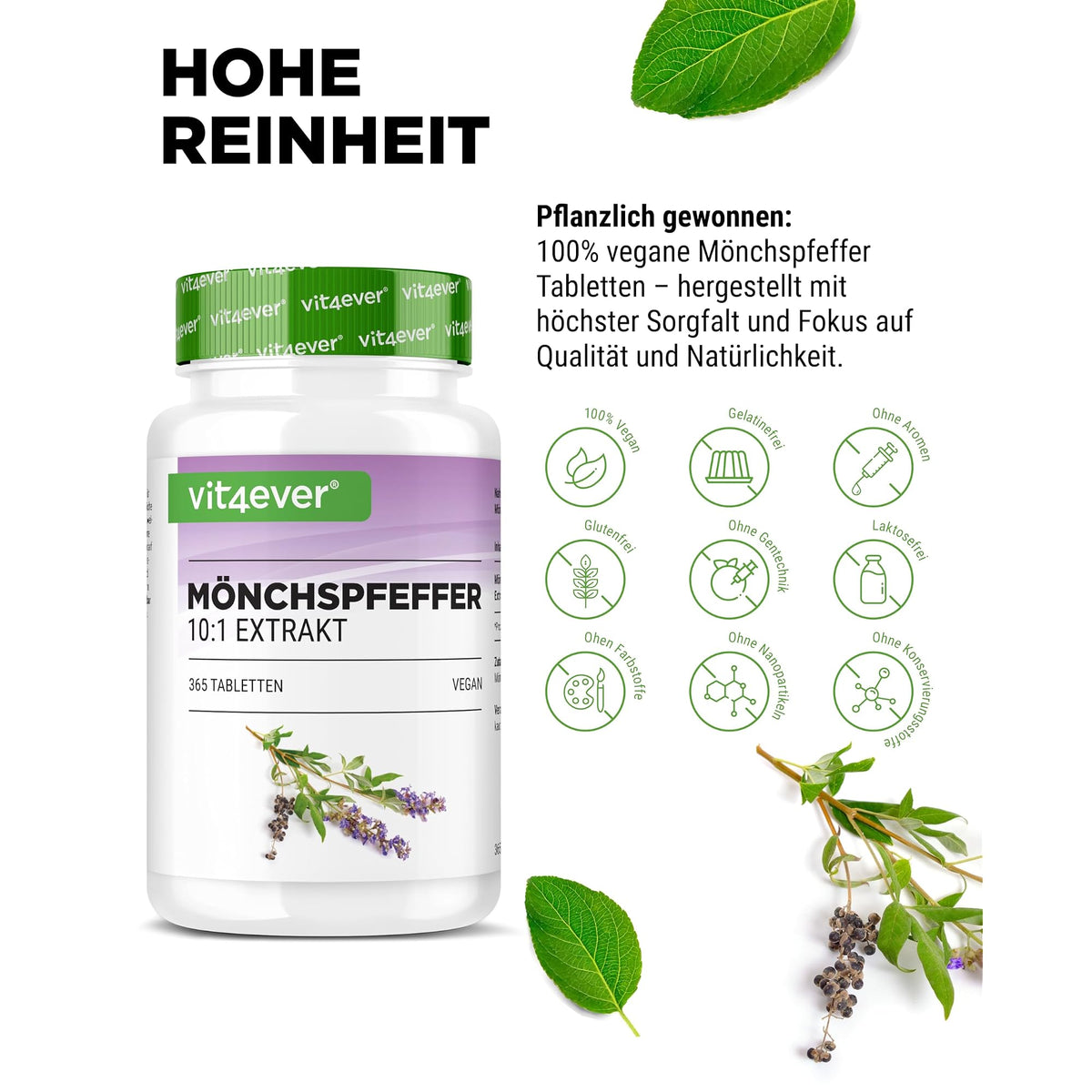 Vit4ever Mönchspfeffer Extrakt 365 Tabletten – Nährwerte und Zutaten auf der Verpackung