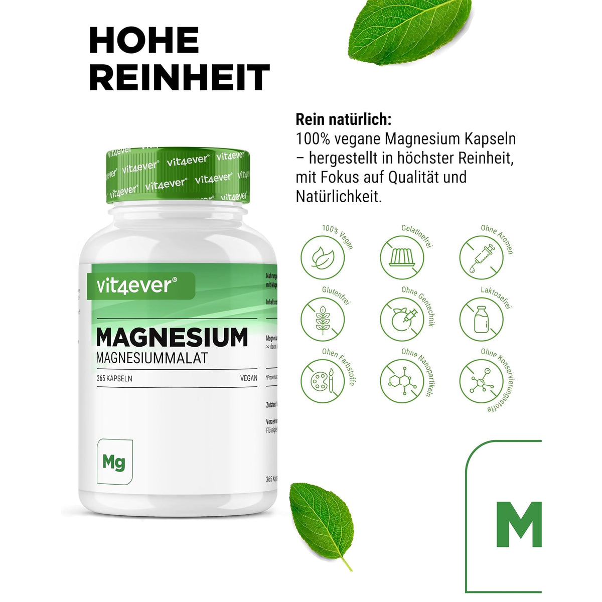 Vit4ever Magnesiummalat 365 Kapseln – Nährwerte und Zutaten auf der Verpackung