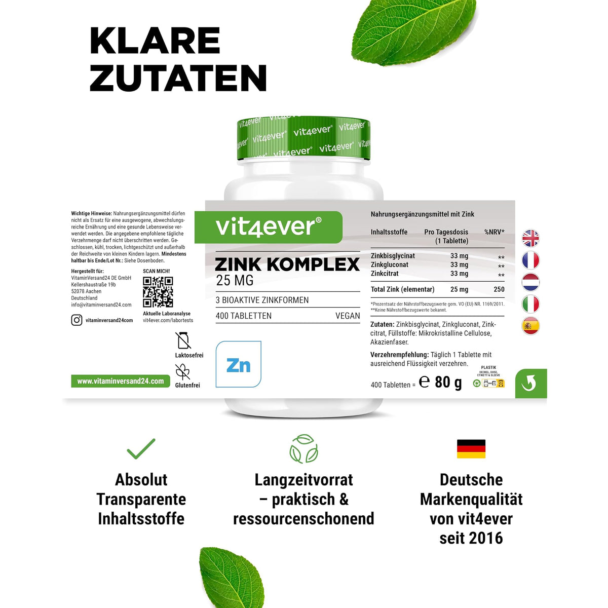 Vit4ever Zink Complex 25 mg (Zinkbisglycinat, Zinkgluconat, Zinkcitrat) 400 Tabletten – empfohlene Anwendung und Einnahme