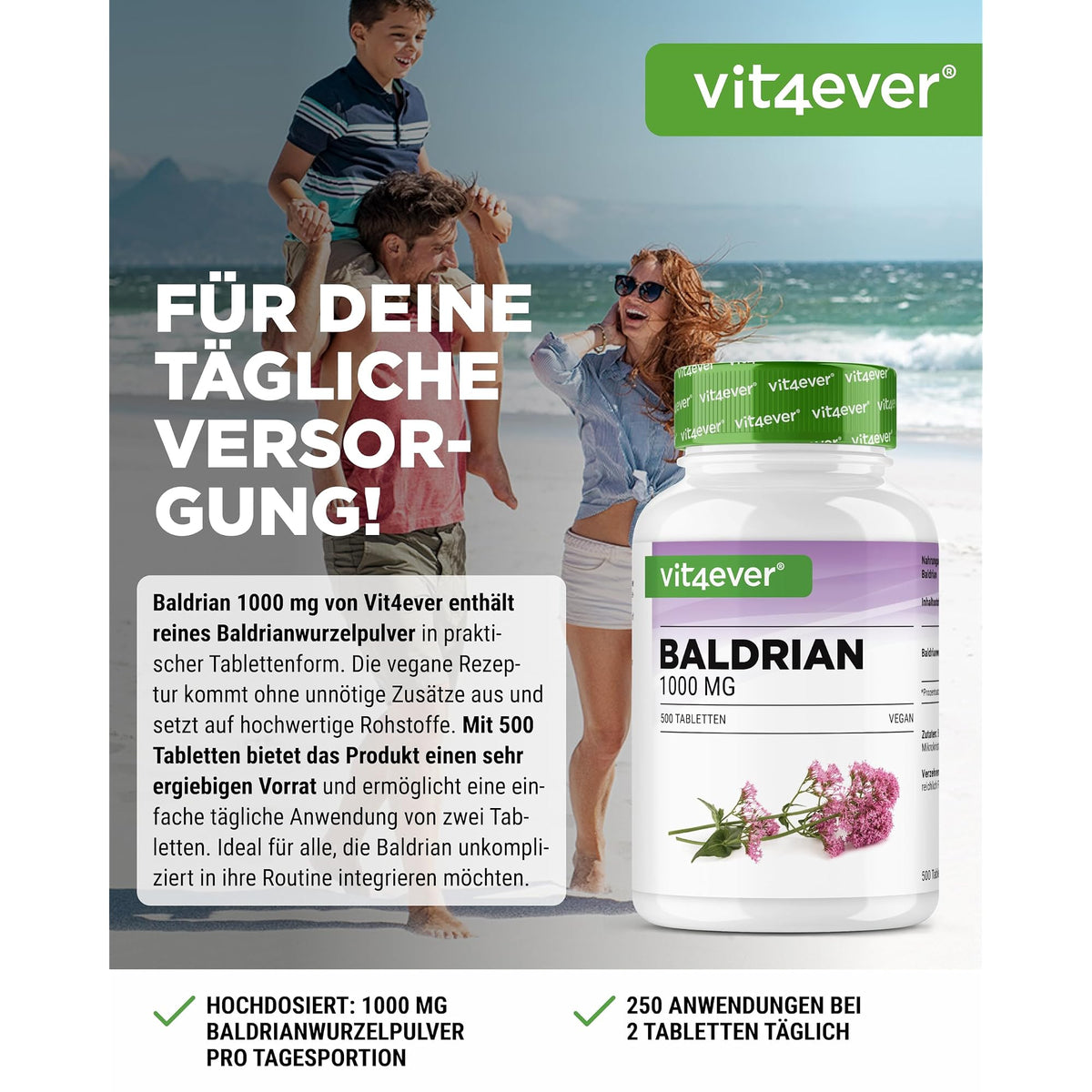 Vit4ever Baldrian 500mg 500 Tabletten – Etikett mit Inhaltsstoffen und Dosierung