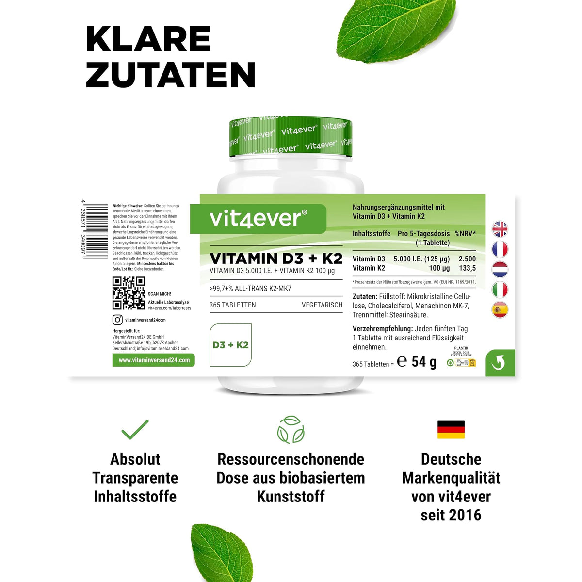 Vit4ever Vitamin D3 5000 IE + K2 100 µg 100-365 Tabletten – Verpackung Rückseite