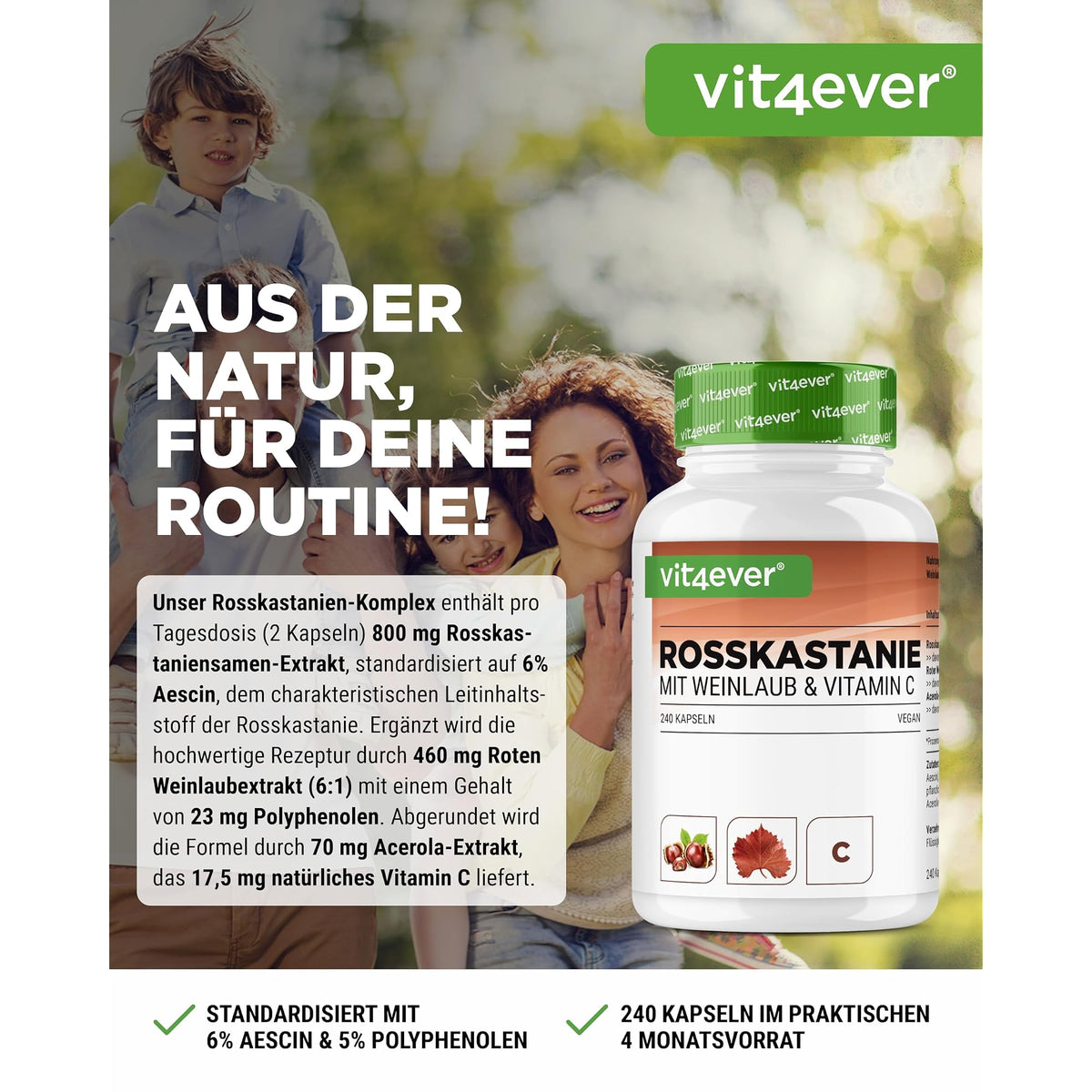 Vit4ever Rosskastanie & Rotes Weinlaub mit Vitamin C 240 Kapseln – Etikett mit Inhaltsstoffen und Dosierung