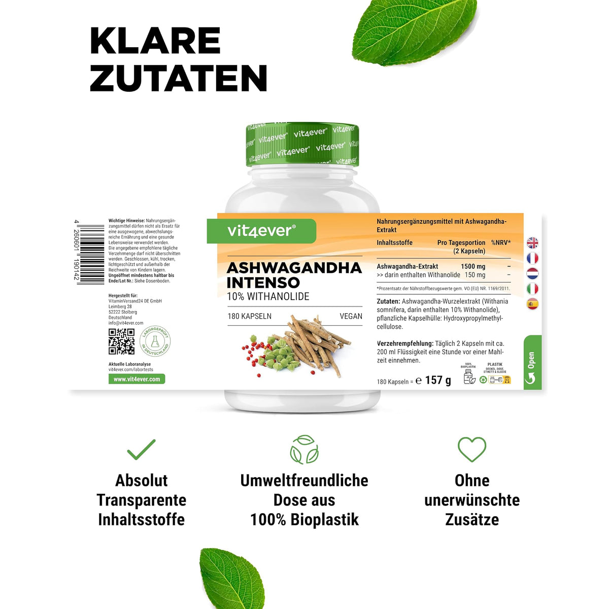 Vit4ever Ashwagandha-Extrakt 1500mg – 10% Withanolide 180 Kapseln – empfohlene Anwendung und Einnahme