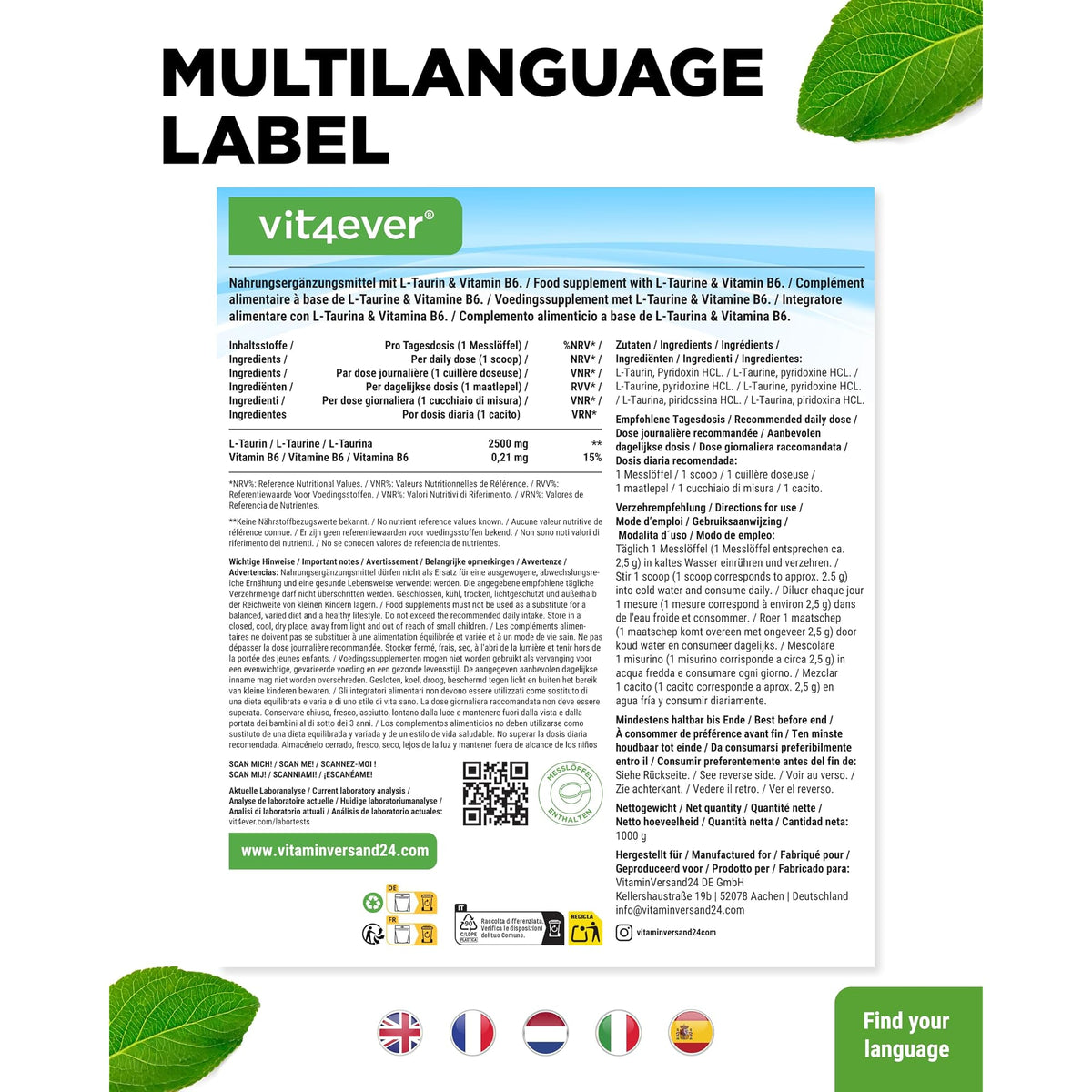 Vit4ever Taurin Pulver 2500mg 1000 g – Verpackung Rückseite
