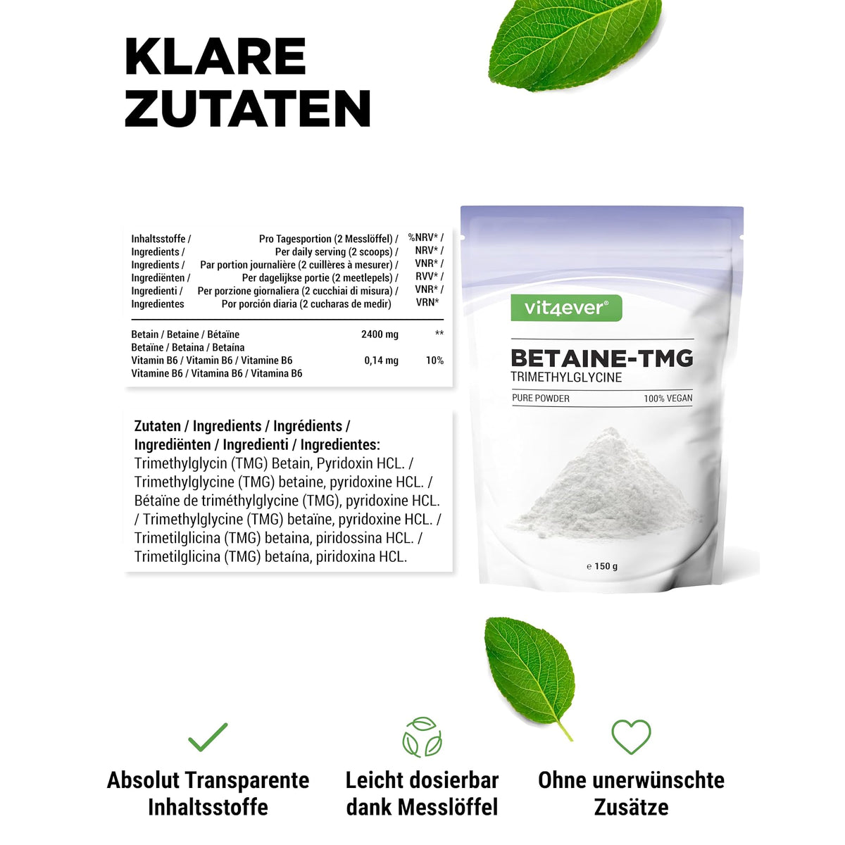 Vit4ever Betain-TMG (Trimethylglycin) Pulver 150 Gramm – empfohlene Anwendung und Einnahme
